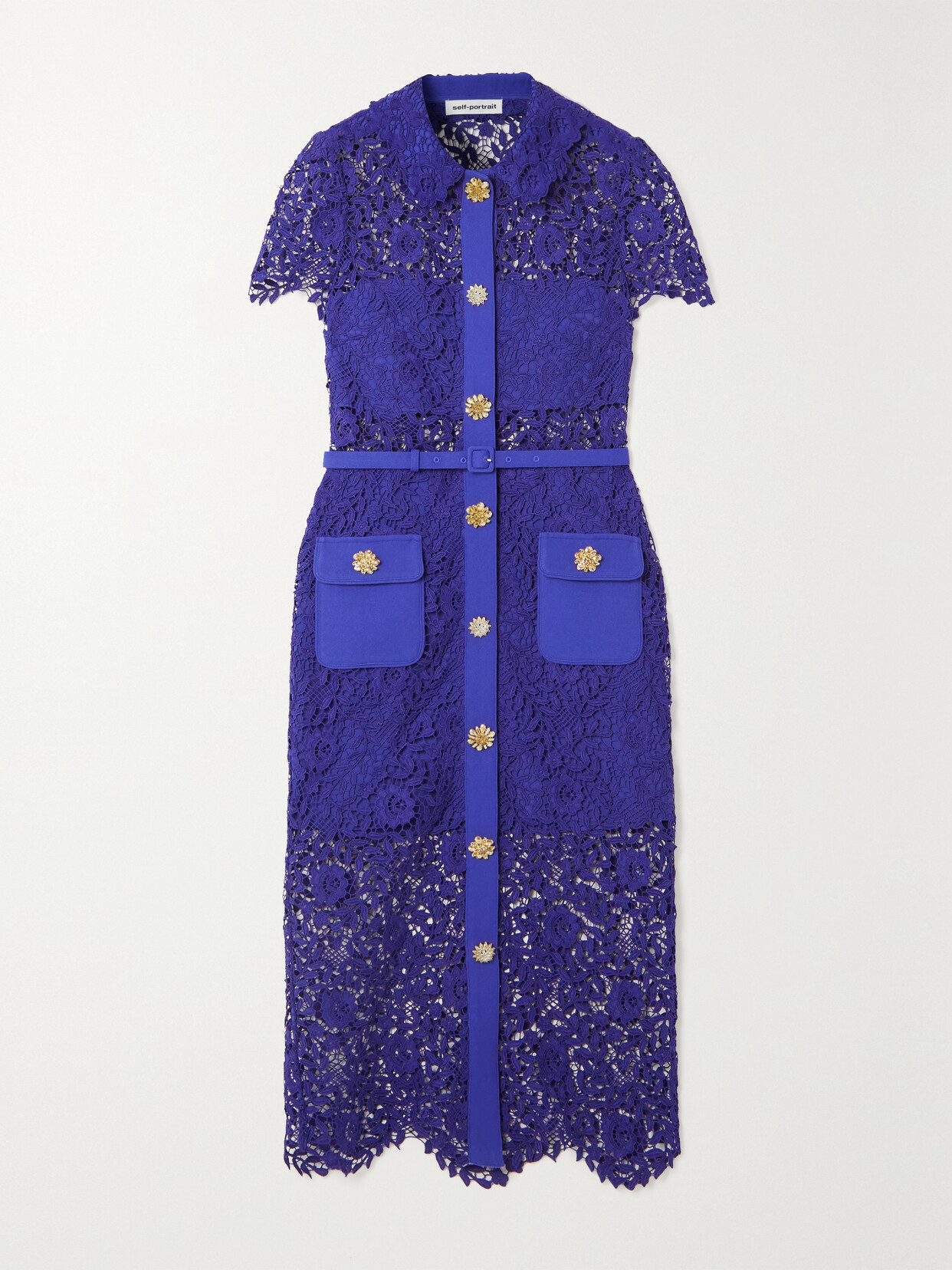 Self-Portrait - Belted Button-embellished Corded Guipure Lace Shirt Dress - Blue