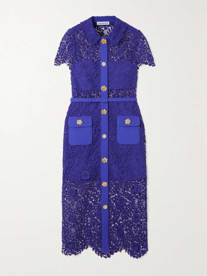 Self-Portrait Belted Button-embellished Corded Guipure Lace Shirt Dress - UK 14