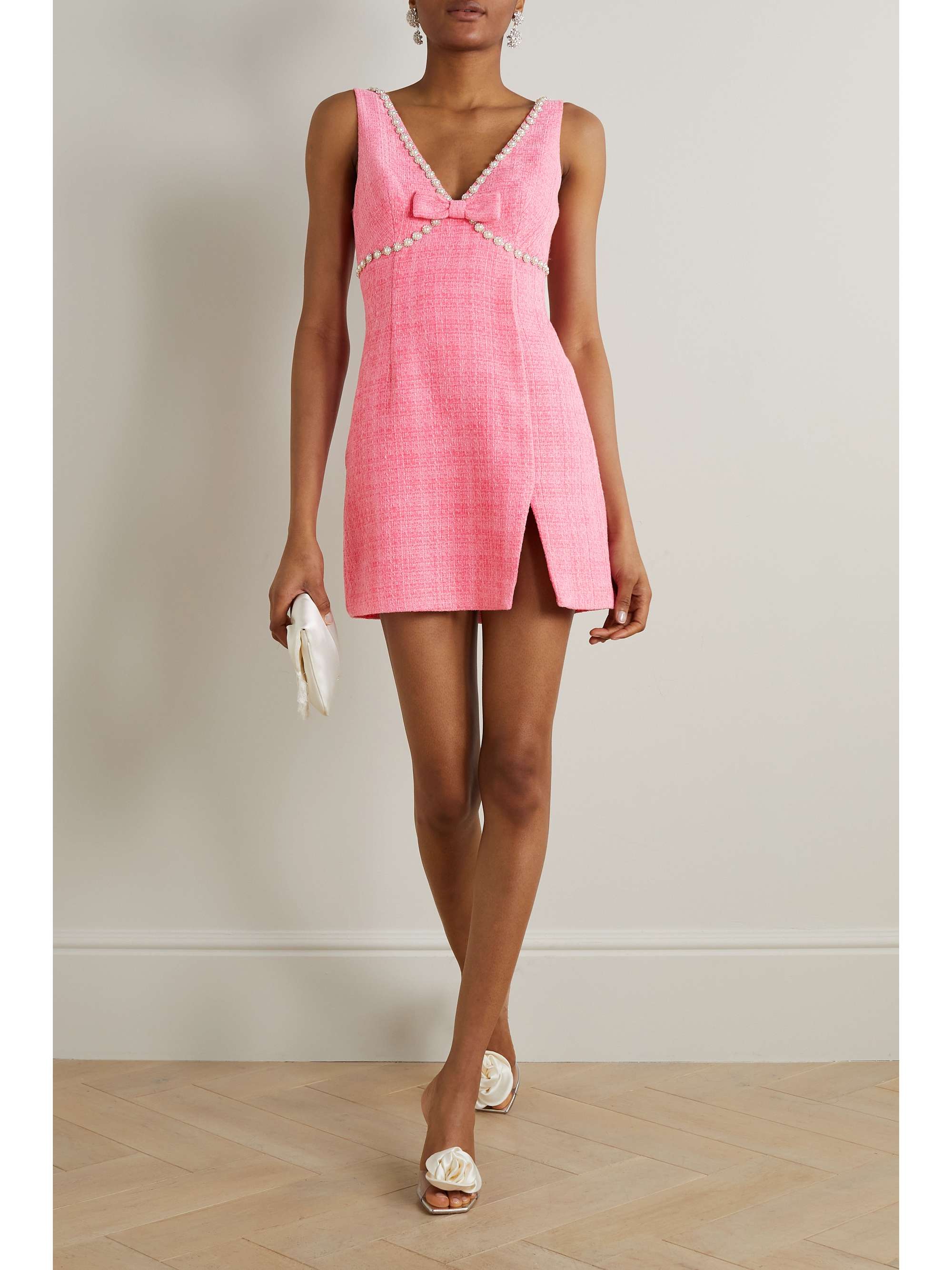 SELF-PORTRAIT Embellished bow-detailed bouclé-tweed mini dress |  NET-A-PORTER