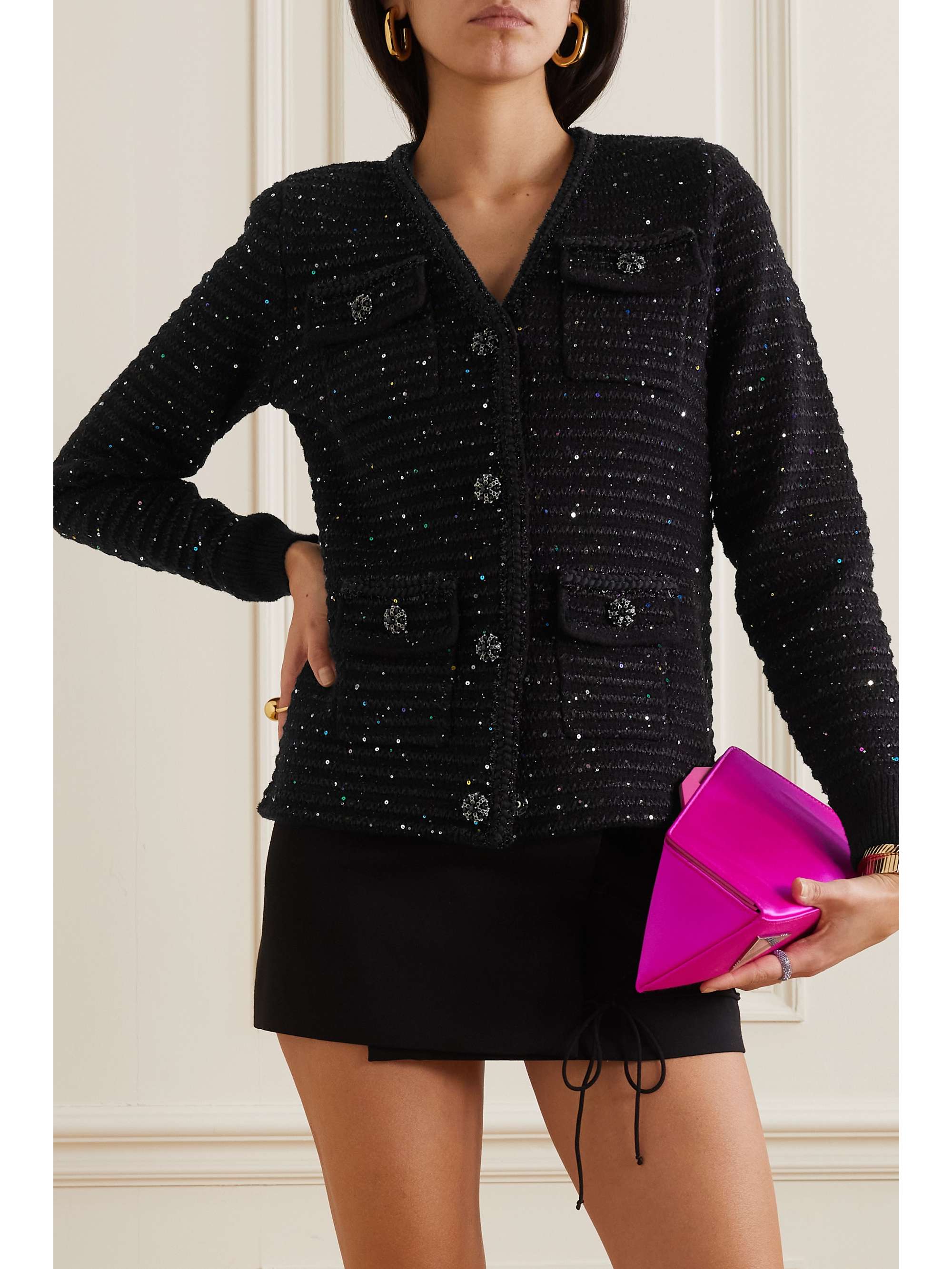 SELFPORTRAIT Sequinembellished metallic ribbedknit cardigan NETA