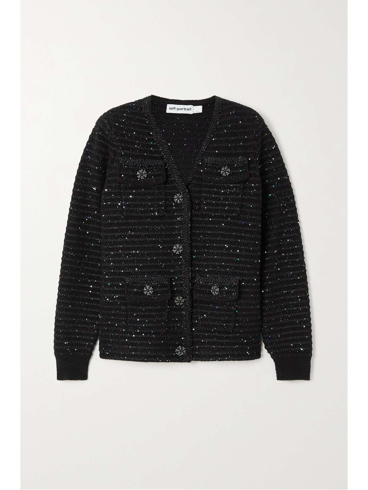 Self-Portrait - Sequin-embellished Metallic Ribbed-knit Cardigan - Black