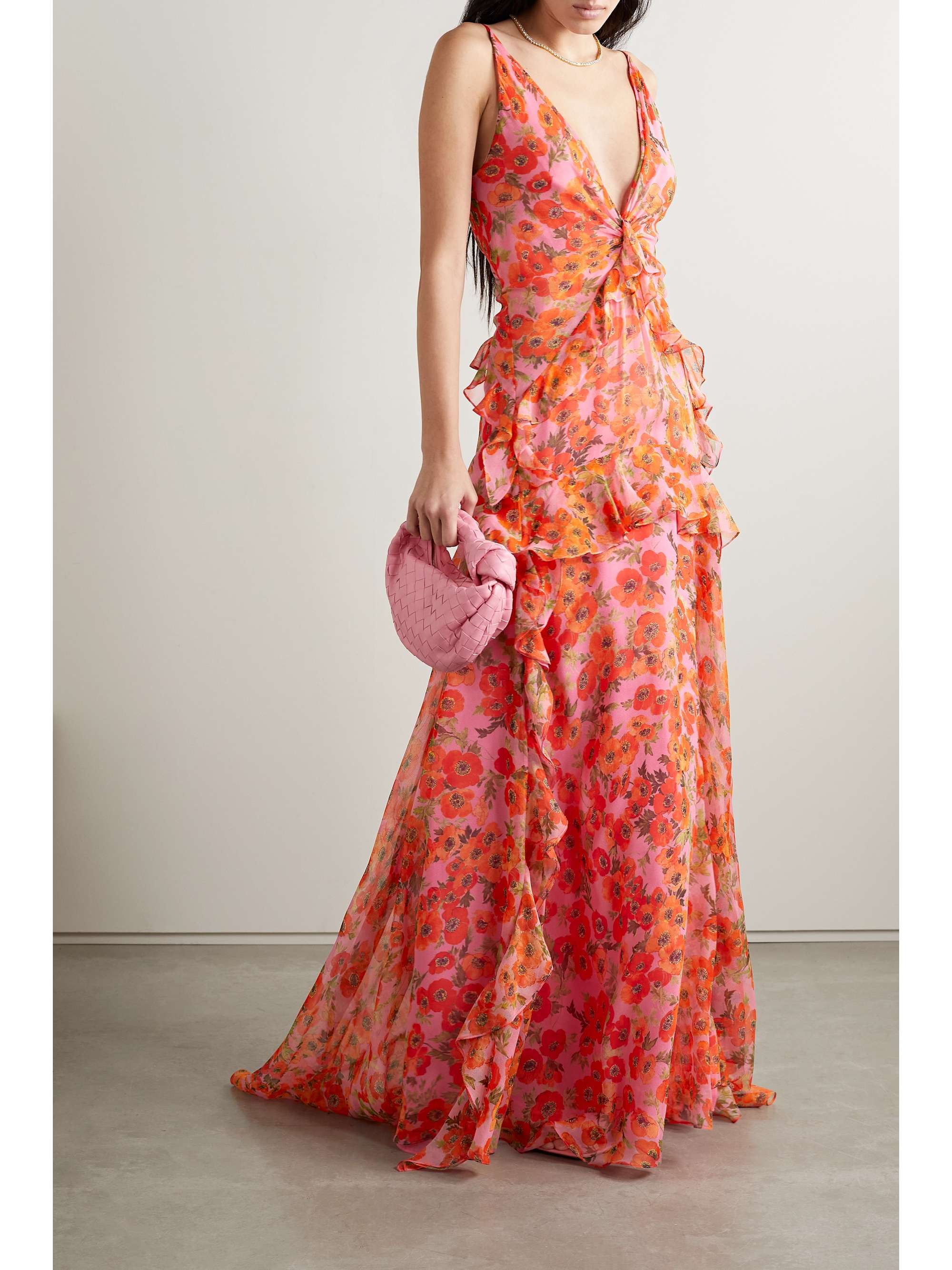 CAROLINA HERRERA Cape-effect ruffled floral-print silk-chiffon gown