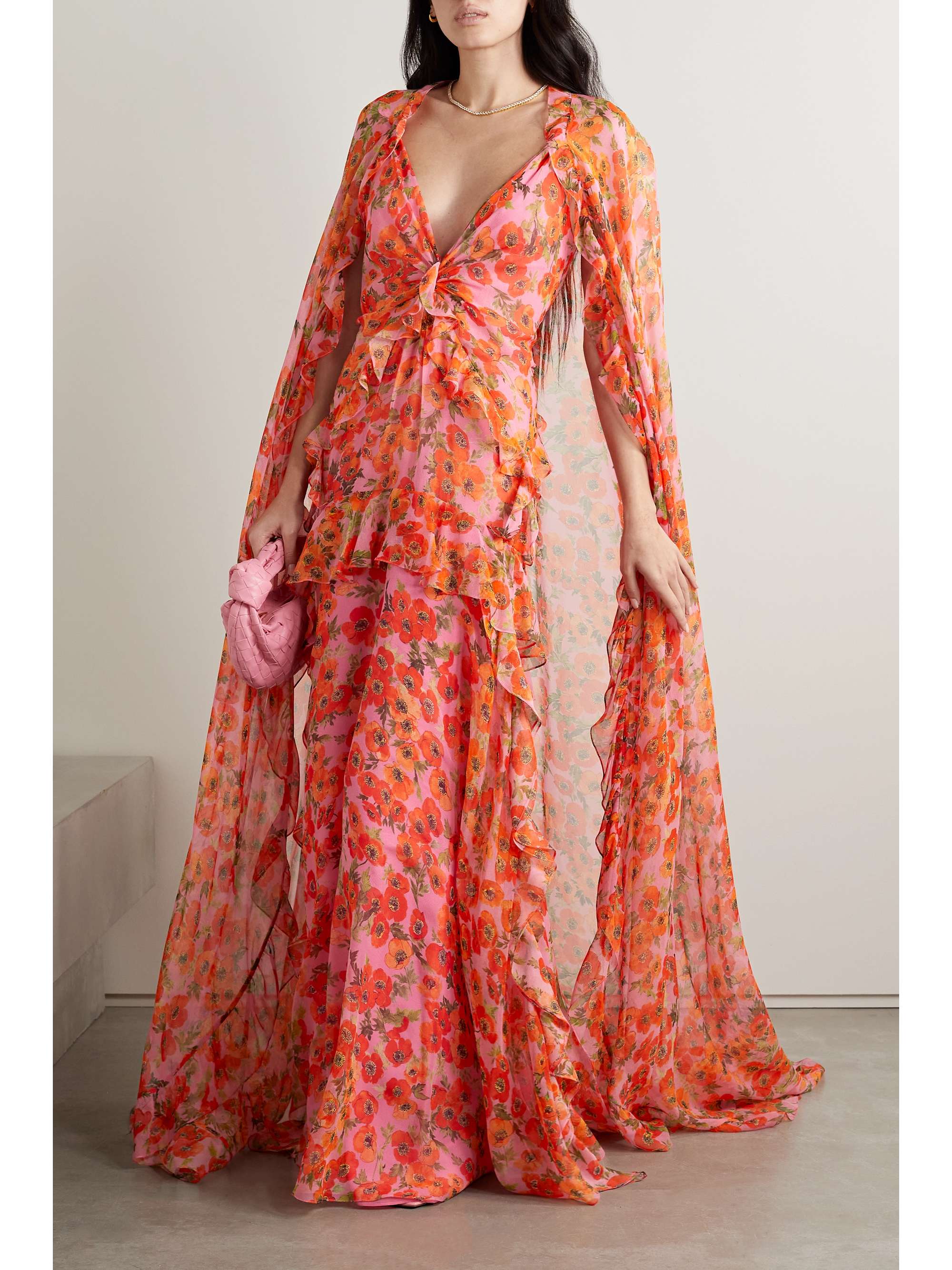 CAROLINA HERRERA Cape-effect ruffled floral-print silk-chiffon gown