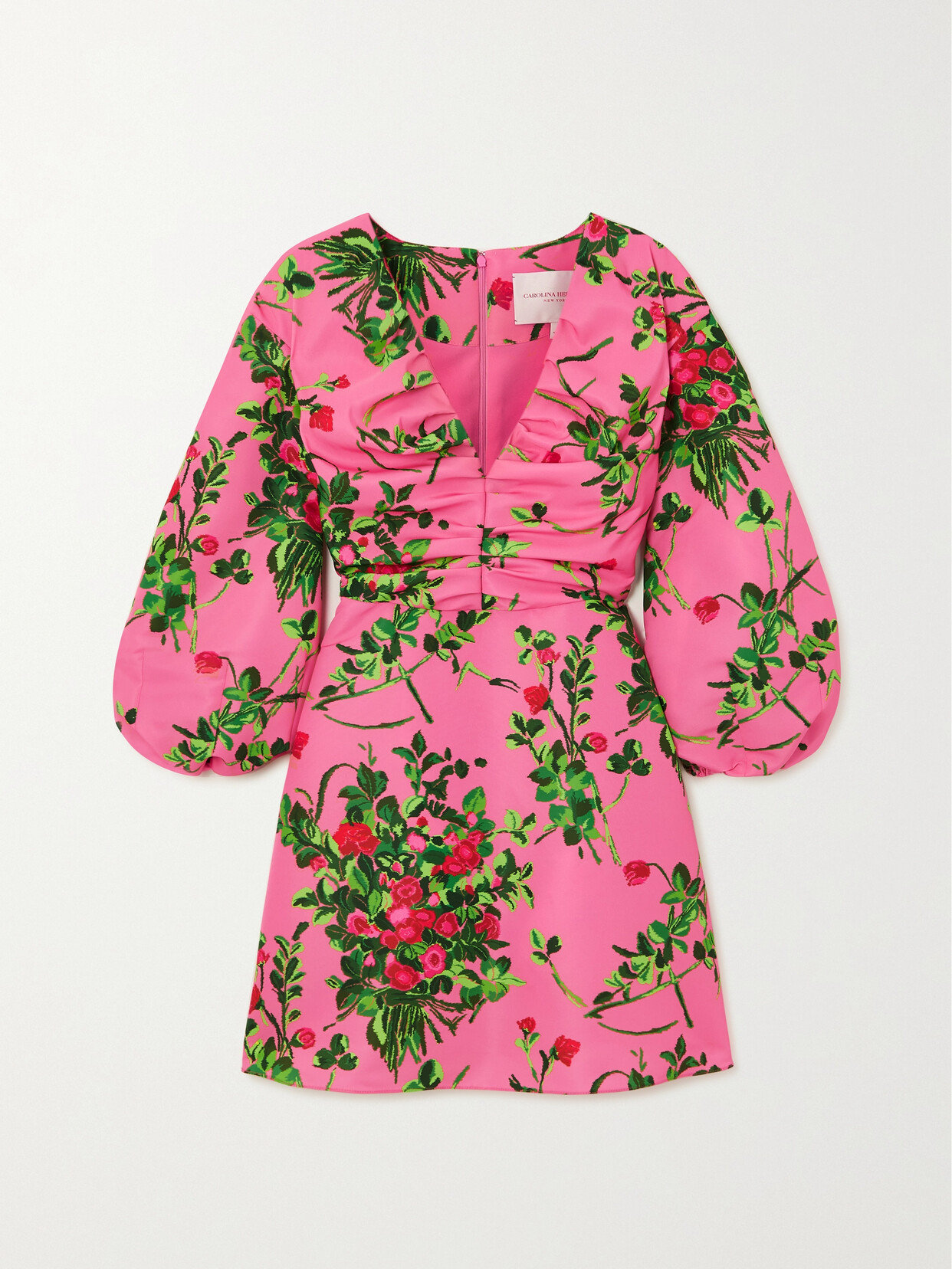 CAROLINA HERRERA GATHERED FLORAL-PRINT FAILLE MINI DRESS