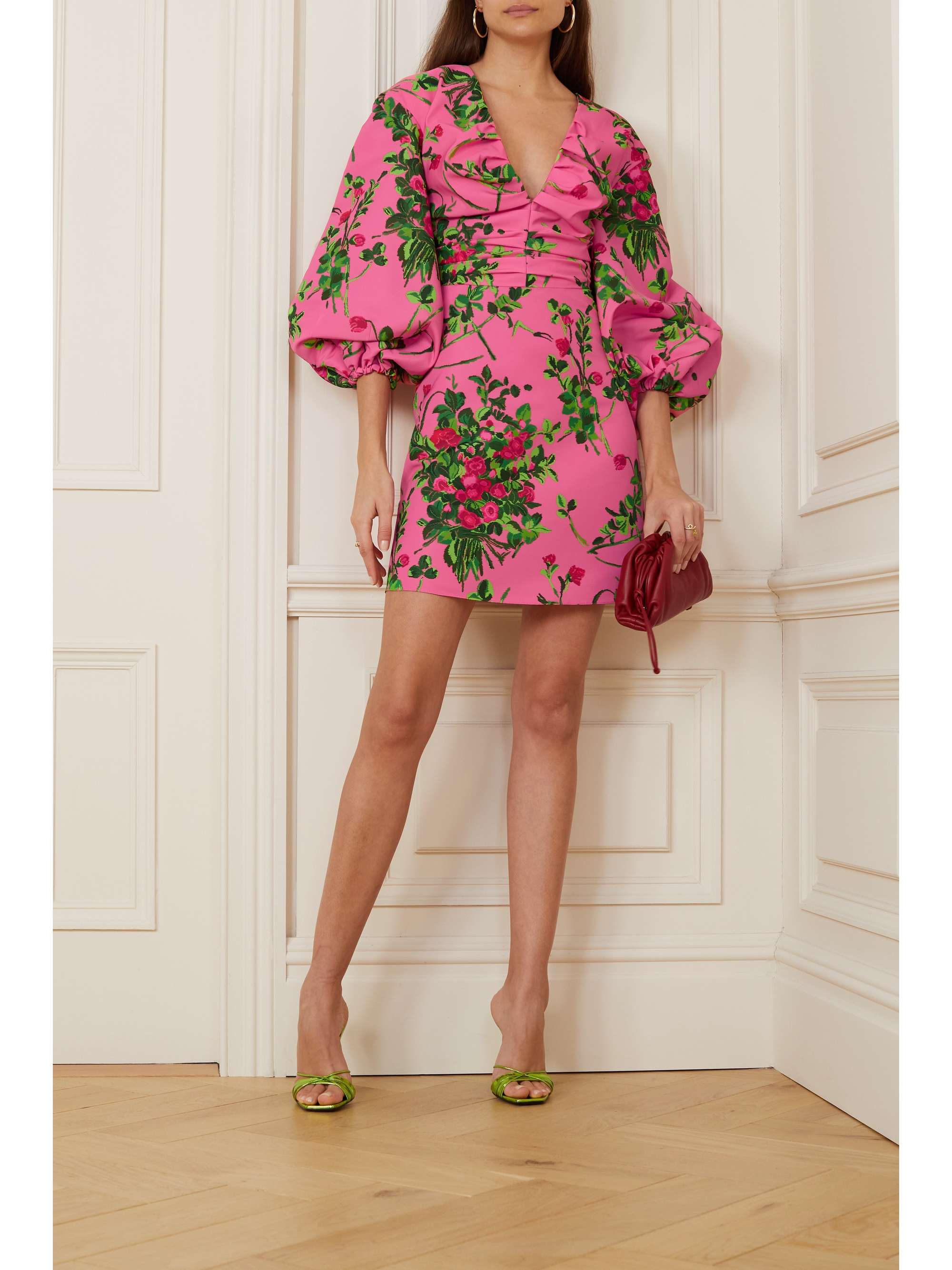 CAROLINA HERRERA Gathered floral-print faille mini dress