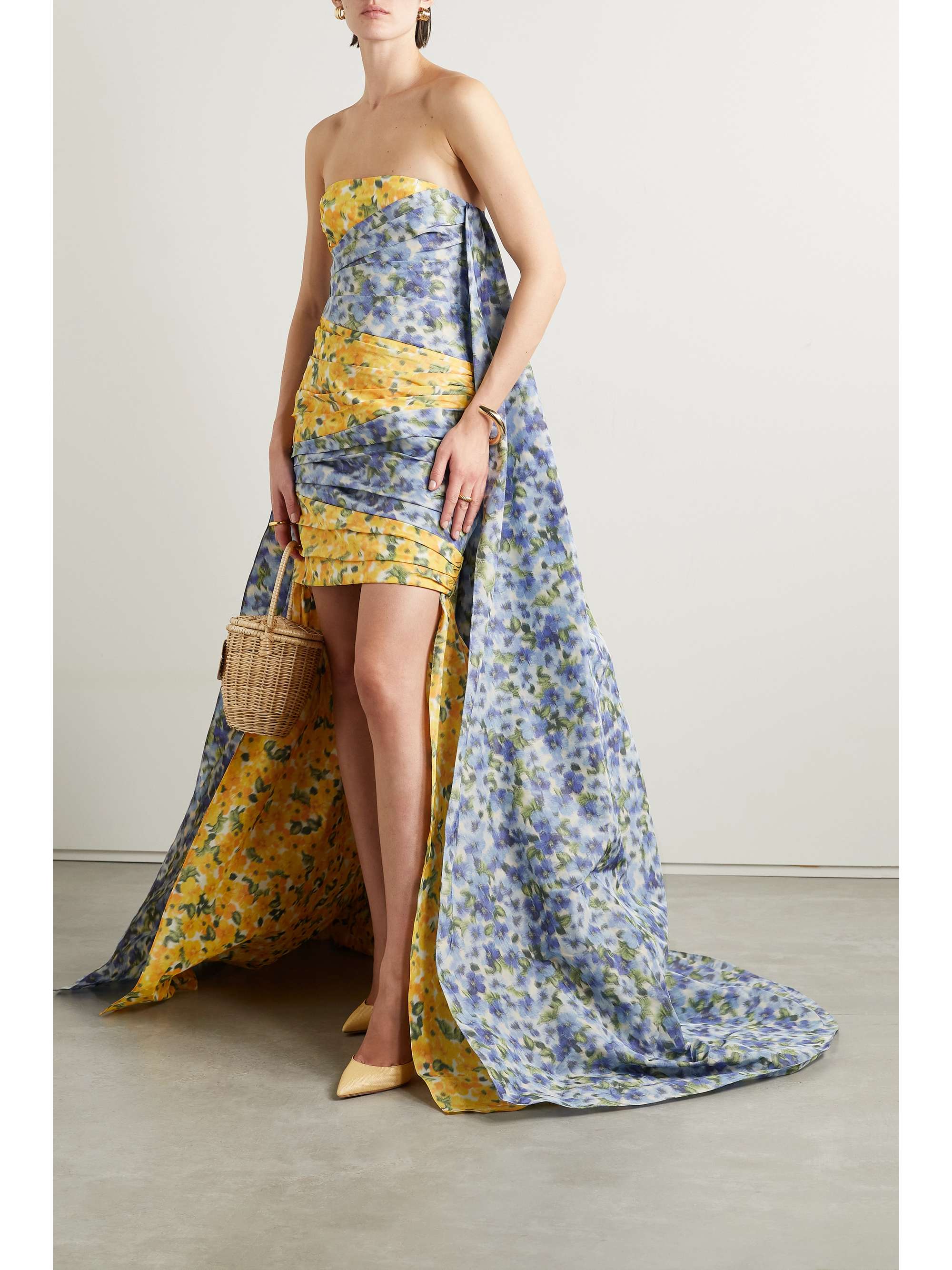 CAROLINA HERRERA Strapless cape-effect floral-print taffeta gown