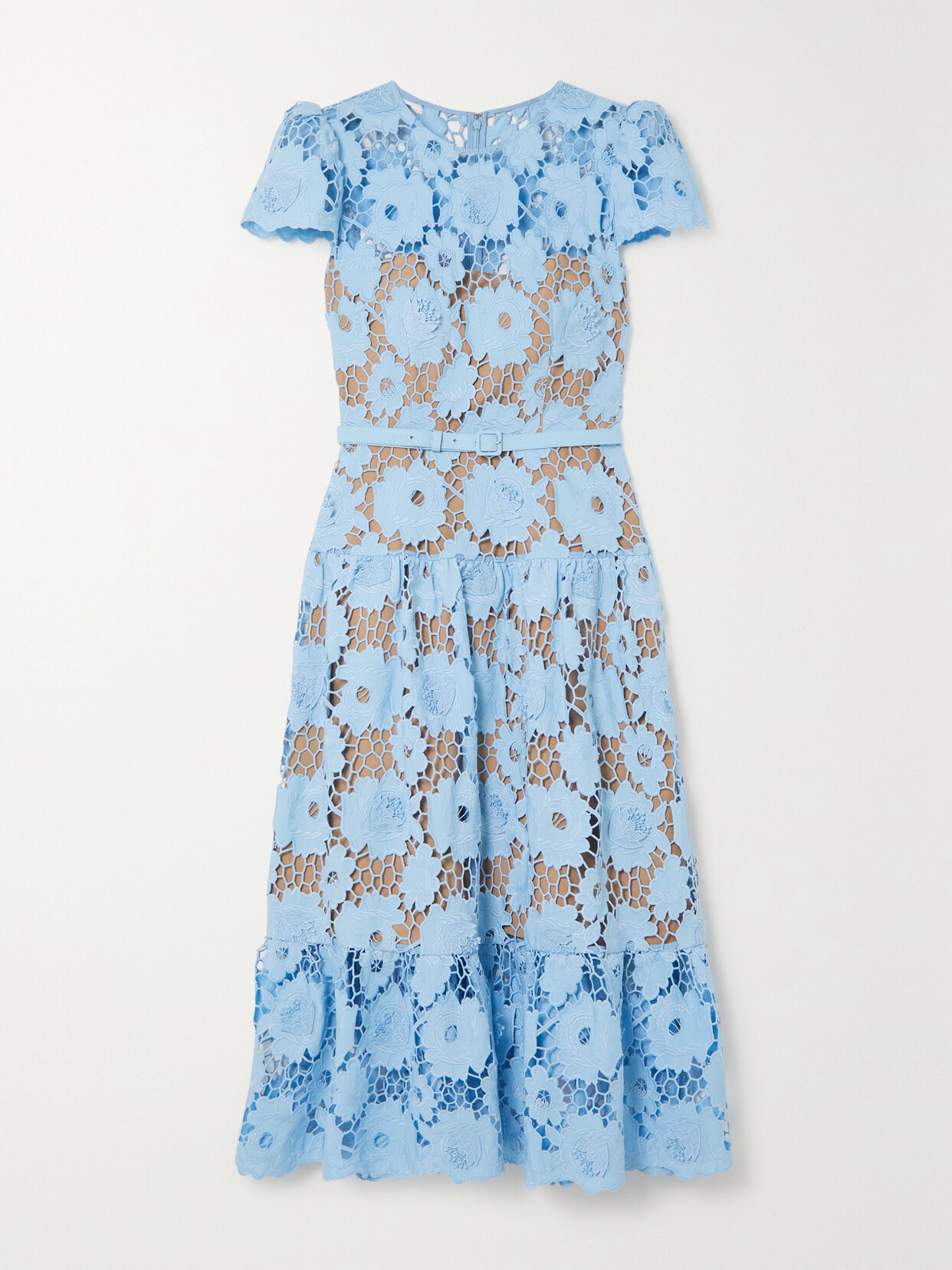 SELF-PORTRAIT BELTED COTTON GUIPURE LACE MIDI DRESS