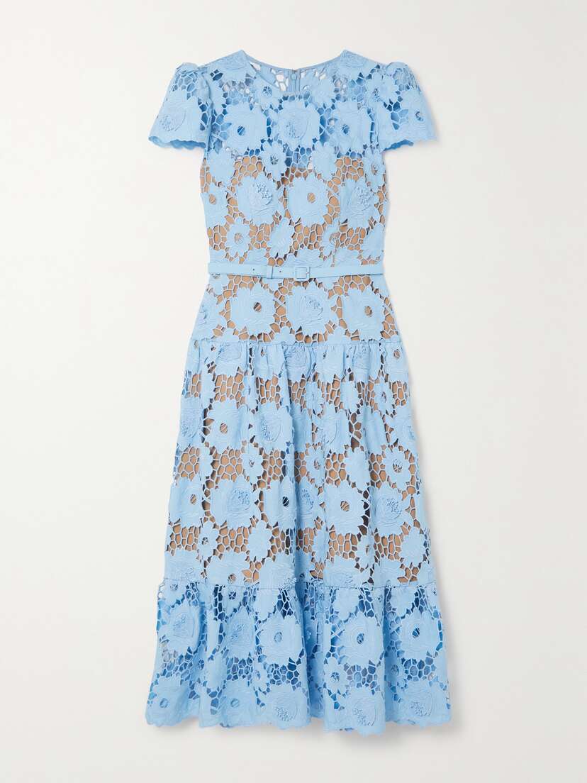 Self-Portrait Belted Cotton Guipure Lace Midi Dress