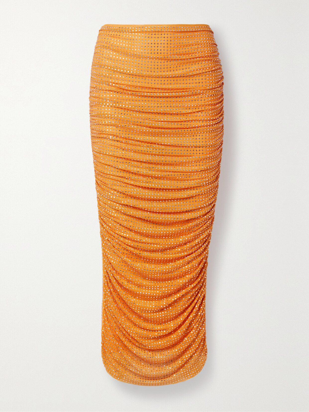 Self-Portrait - Ruched Crystal-embellished Mesh Midi Skirt - Orange