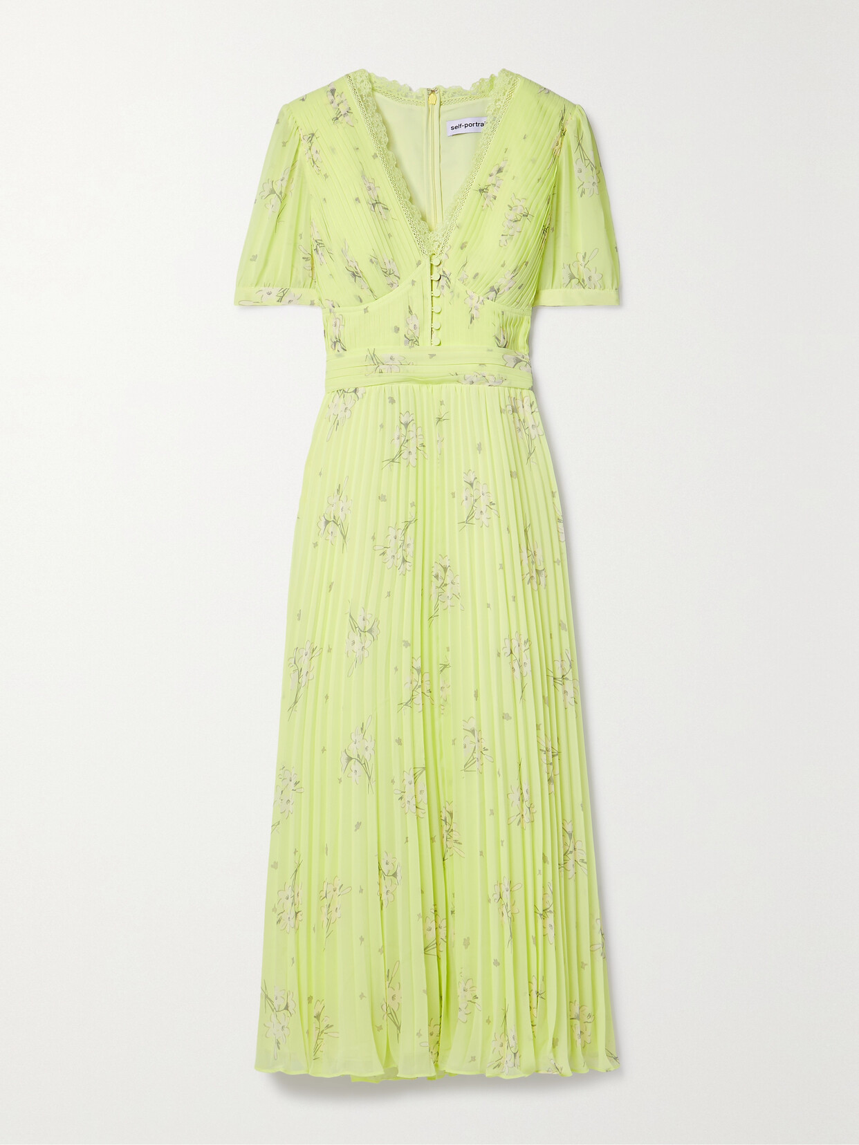 Self-Portrait - Lace-trimmed Pleated Floral-print Chiffon Midi Dress - Green