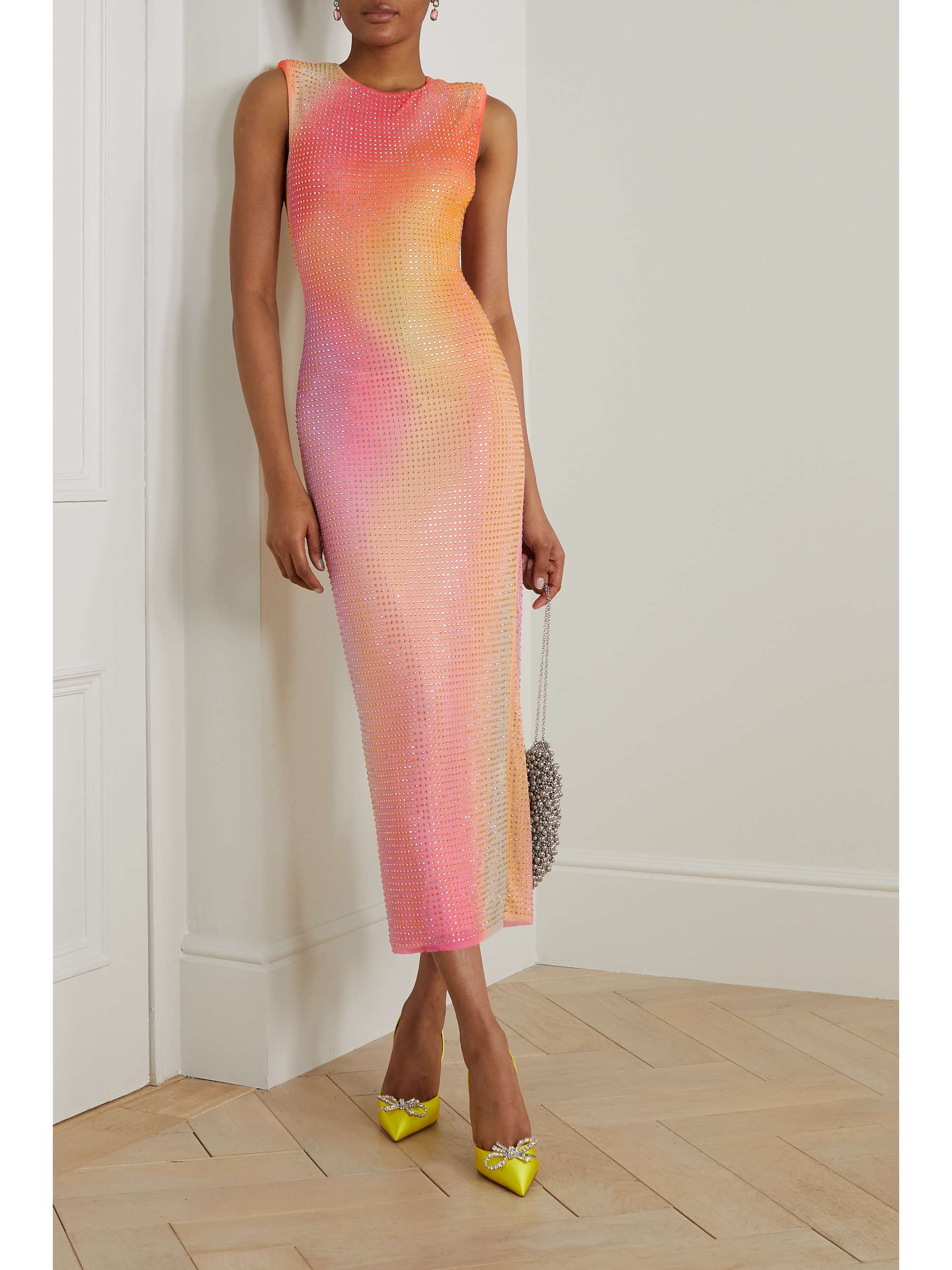 SELF-PORTRAIT Crystal-embellished ombré stretch-mesh maxi dress