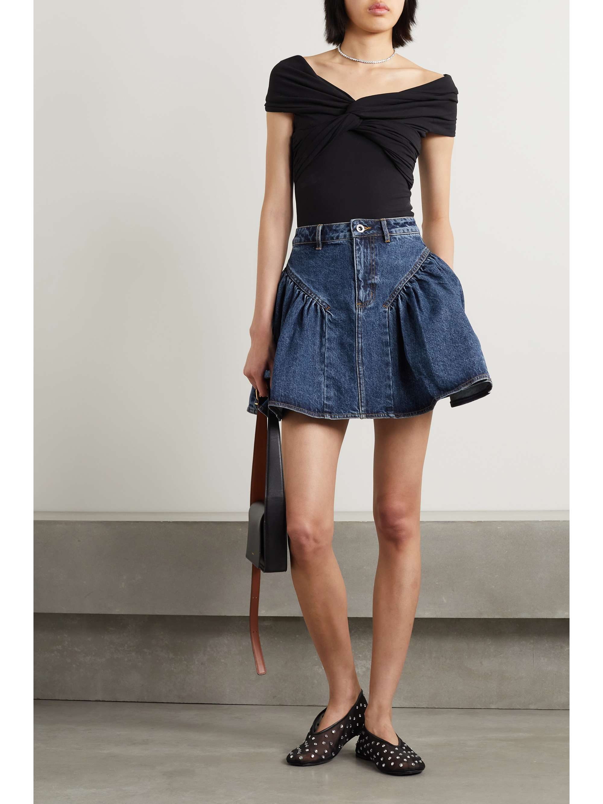 SELFPORTRAIT Ruffled denim mini skirt NETAPORTER