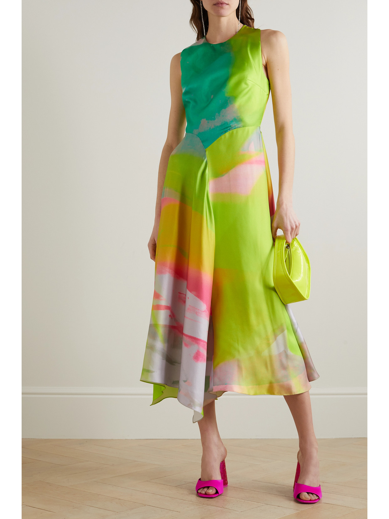 Roksanda Zenobia Asymmetric Draped Printed Silk-twill Midi Dress In Bright Yellow