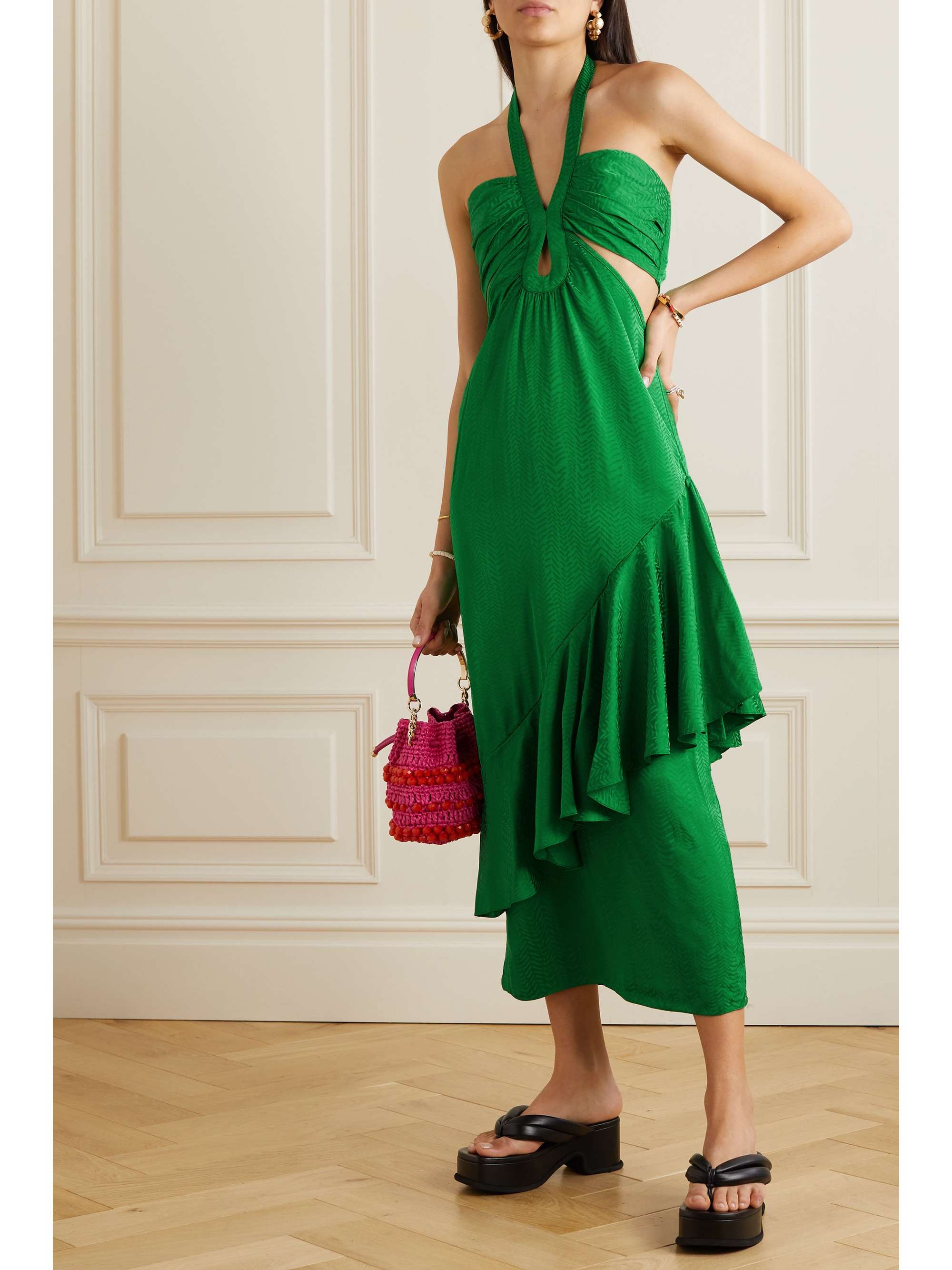 JOHANNA ORTIZ Balladist ruffled cutout satin-jacquard halterneck midi dress
