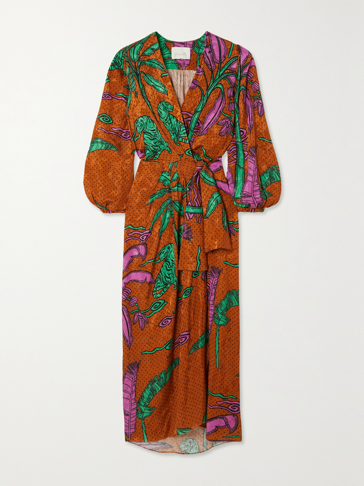 Johanna Ortiz Mist And Mountains Printed Satin-jacquard Wrap Dress - Brown