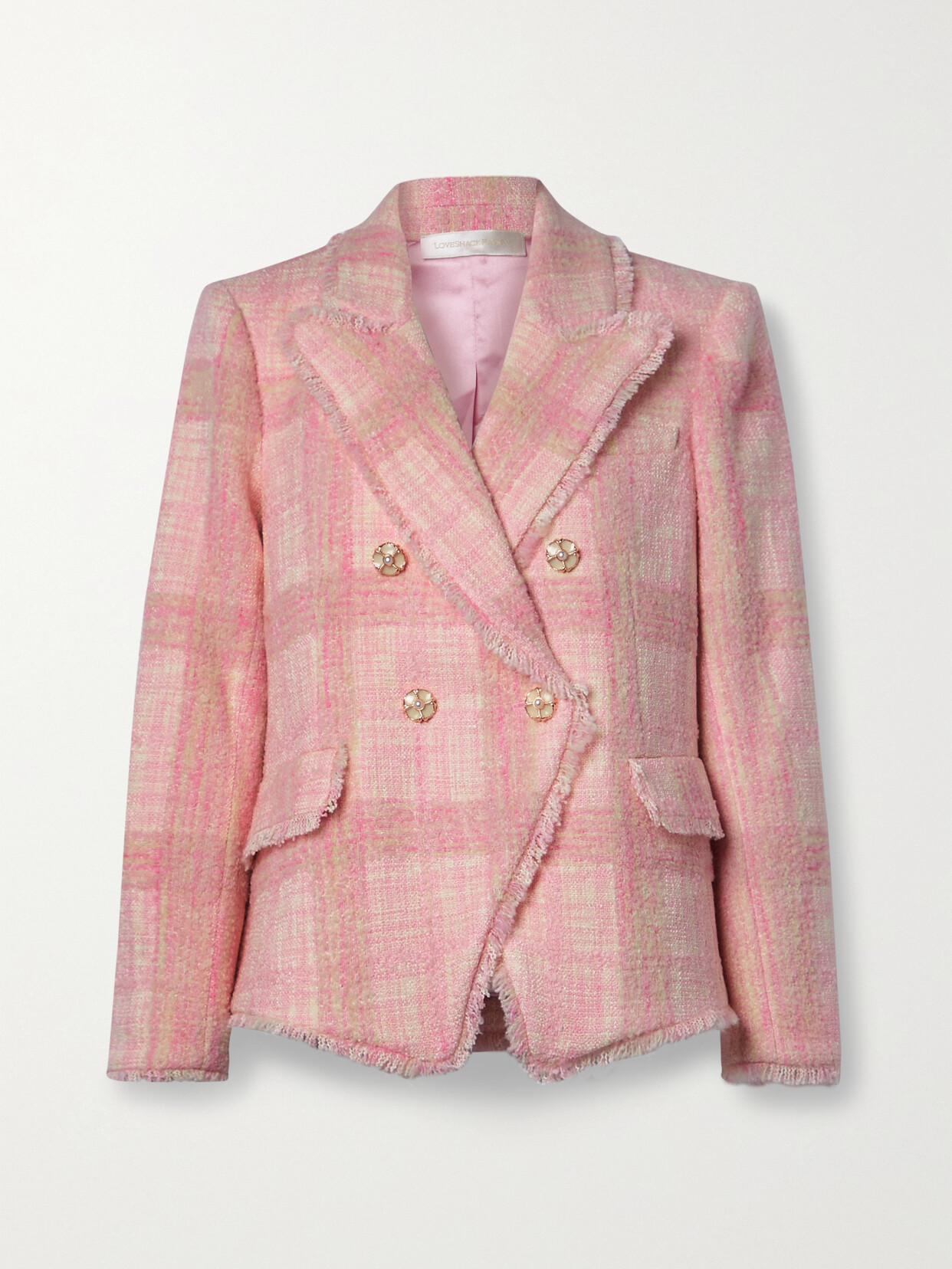 LoveShackFancy - Denison Double-breasted Embellished Checked Tweed Blazer - Pink