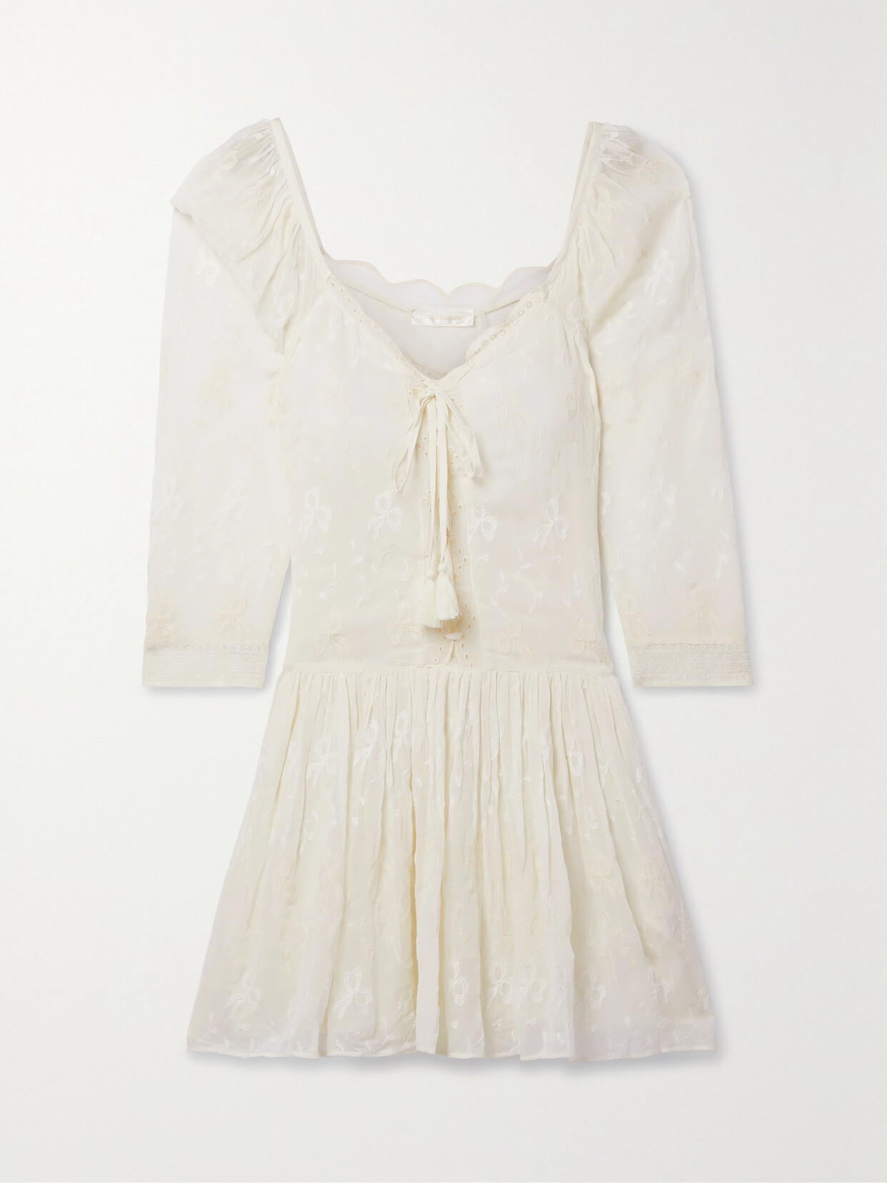 LoveShackFancy - Deeba Tasseled Broderie Anglaise-trimmed Embroidered Chiffon Mini Dress - Cream