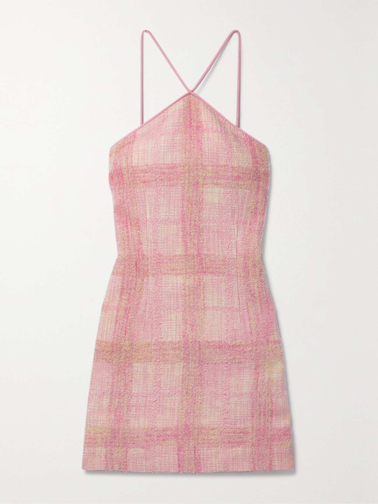 LoveShackFancy - Gandler Bow-embellished Checked Tweed Halterneck Mini Dress - Pink