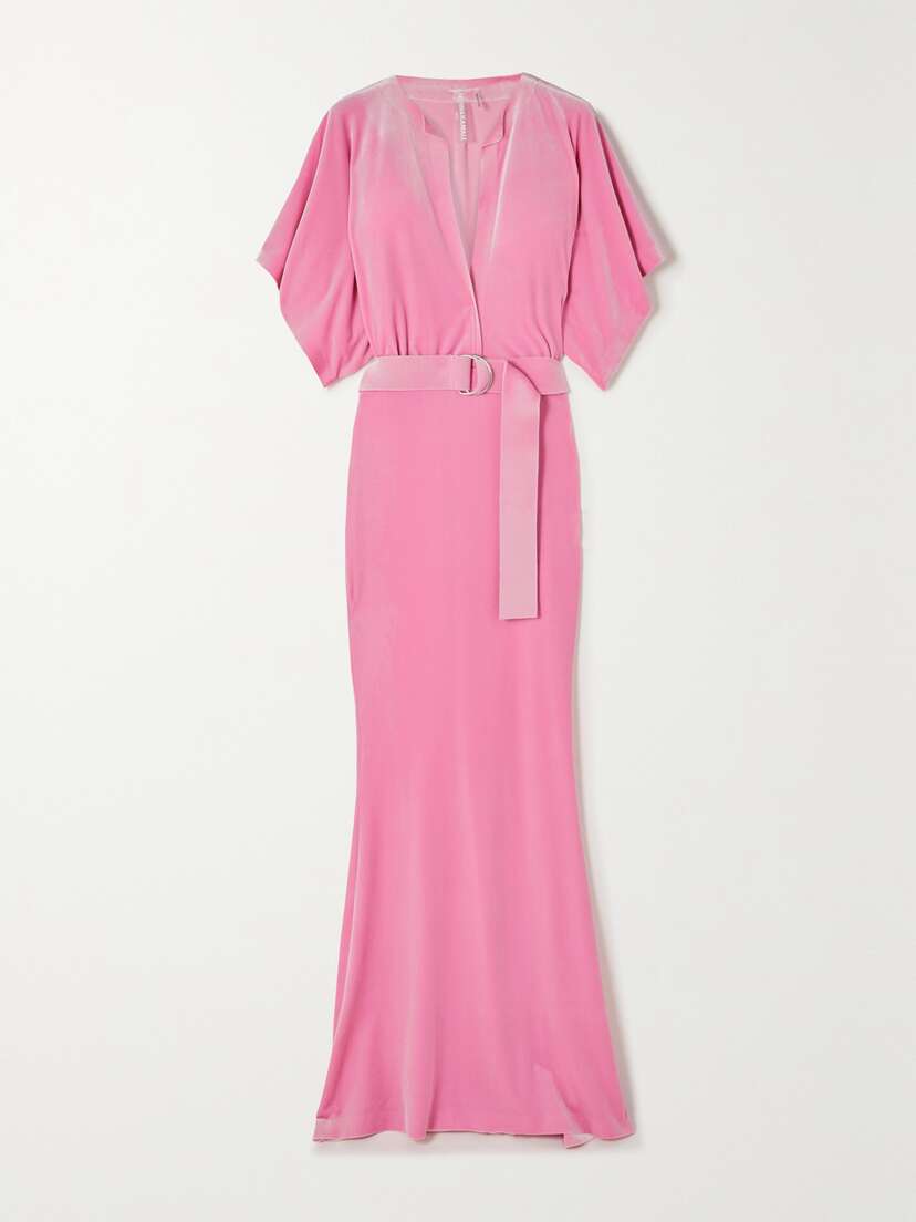 Norma Kamali Obie Belted Stretch-velvet Maxi Dress