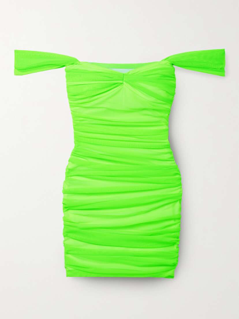 Norma Kamali Walter Off-the-shoulder Ruched Neon Stretch-mesh Mini Dress