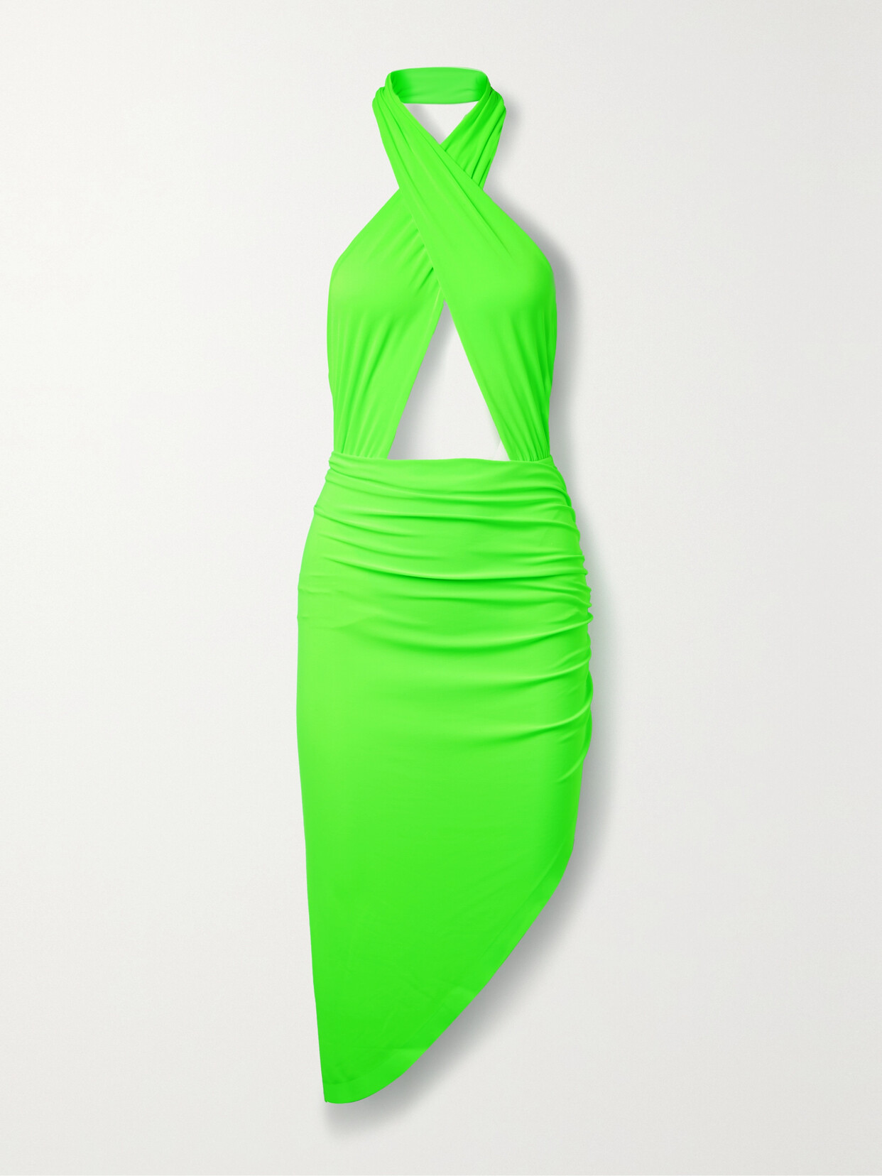 Norma Kamali - Asymmetric Cutout Neon Stretch-jersey Halterneck Midi Dress - Green