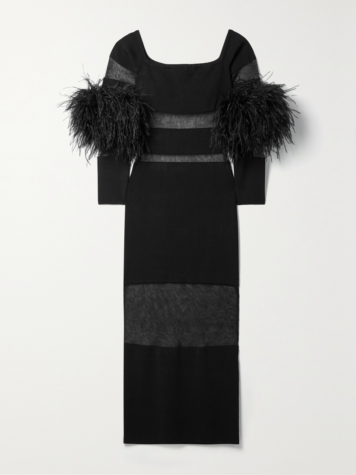 LAPOINTE - Paneled Feather-trimmed Stretch-knit Midi Dress - Black