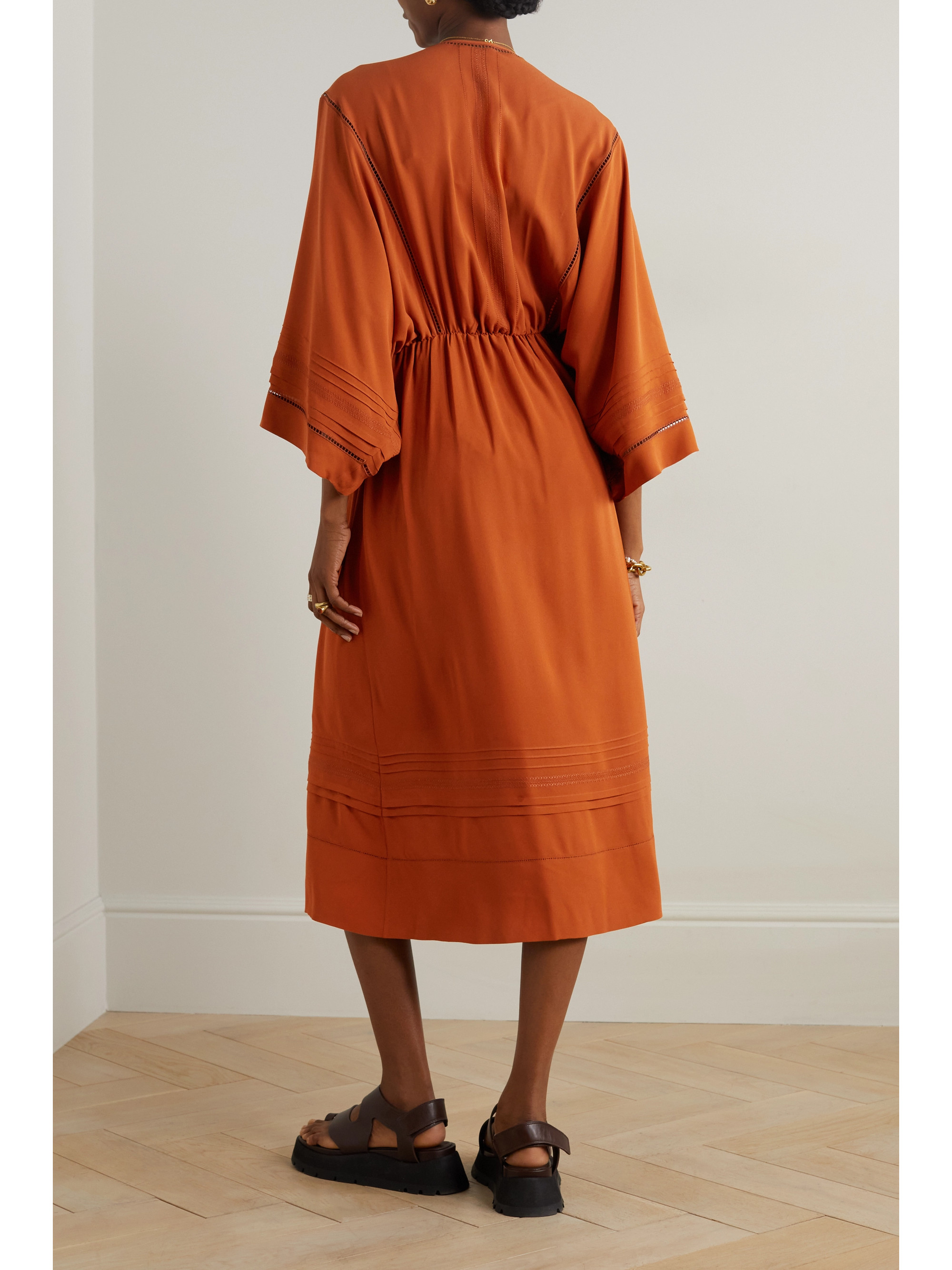 Loro Piana Henrietta embroidered silk crepe de chine midi dress