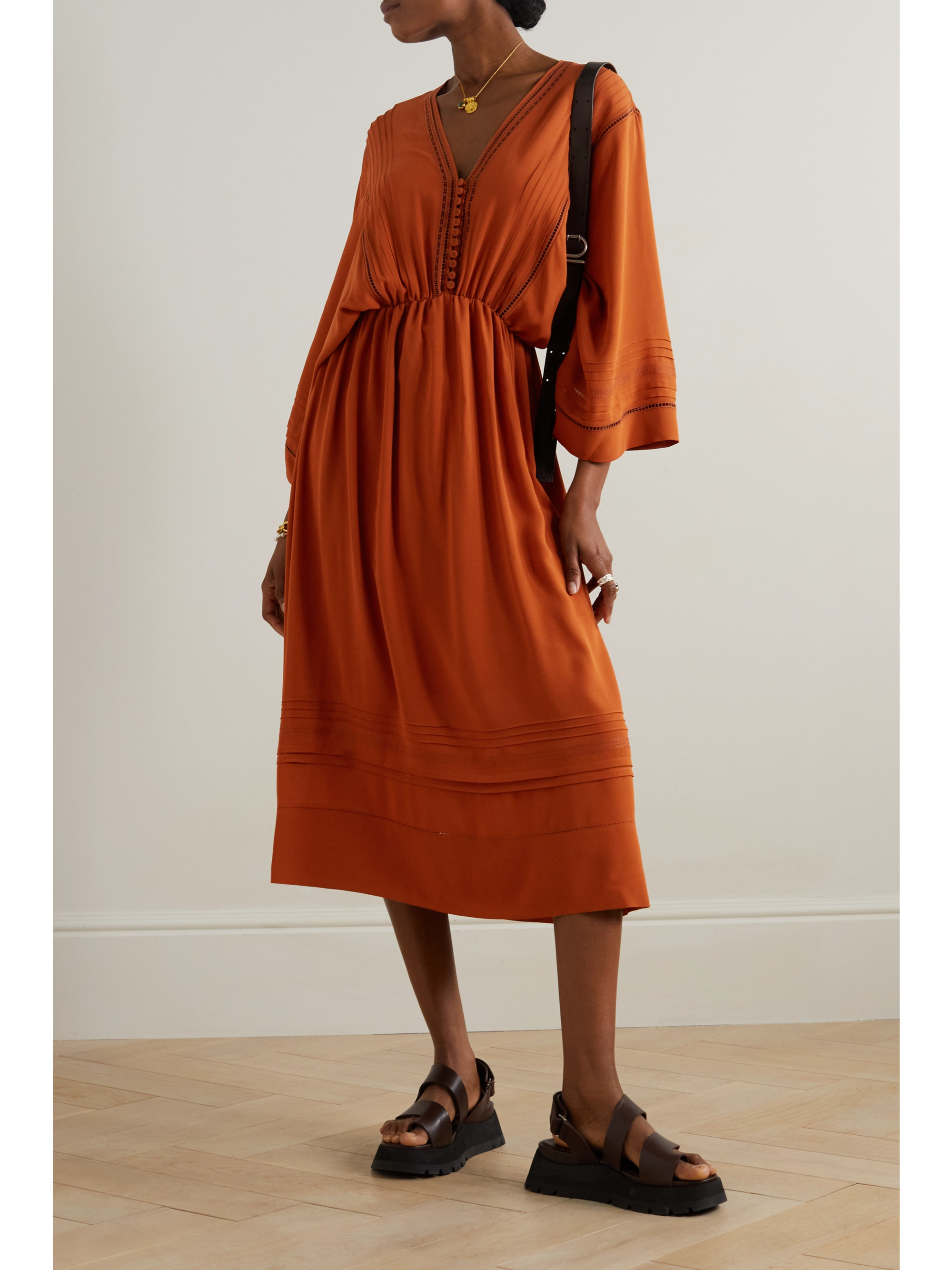 Loro Piana Henrietta embroidered silk crepe de chine midi dress