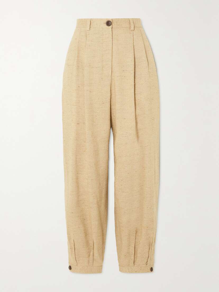 Loro Piana Phyllis Pleated Linen, Cashmere And Silk-blend Tweed Tapered Pants