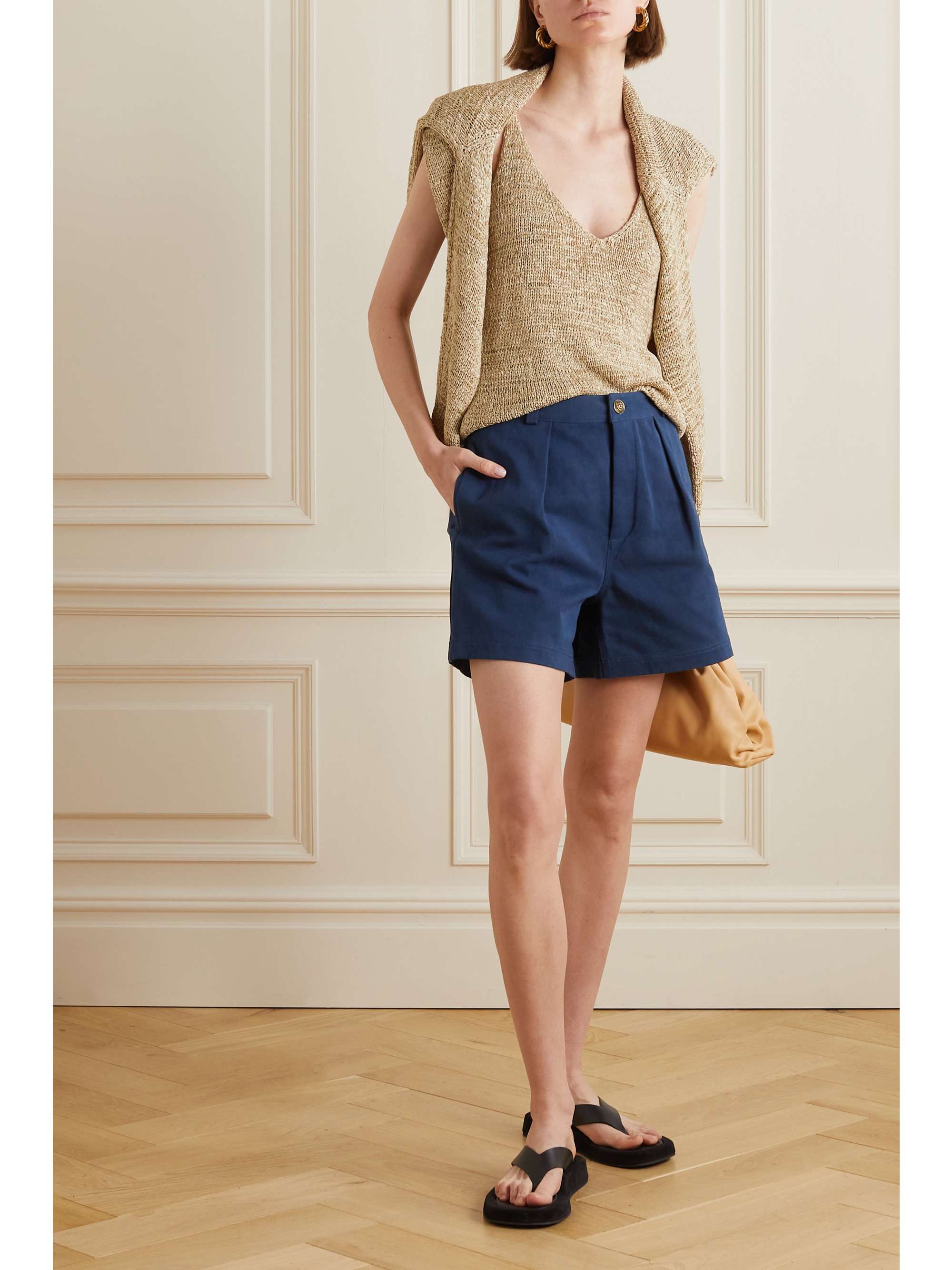 LORO PIANA Pleated cotton and linen-blend twill shorts