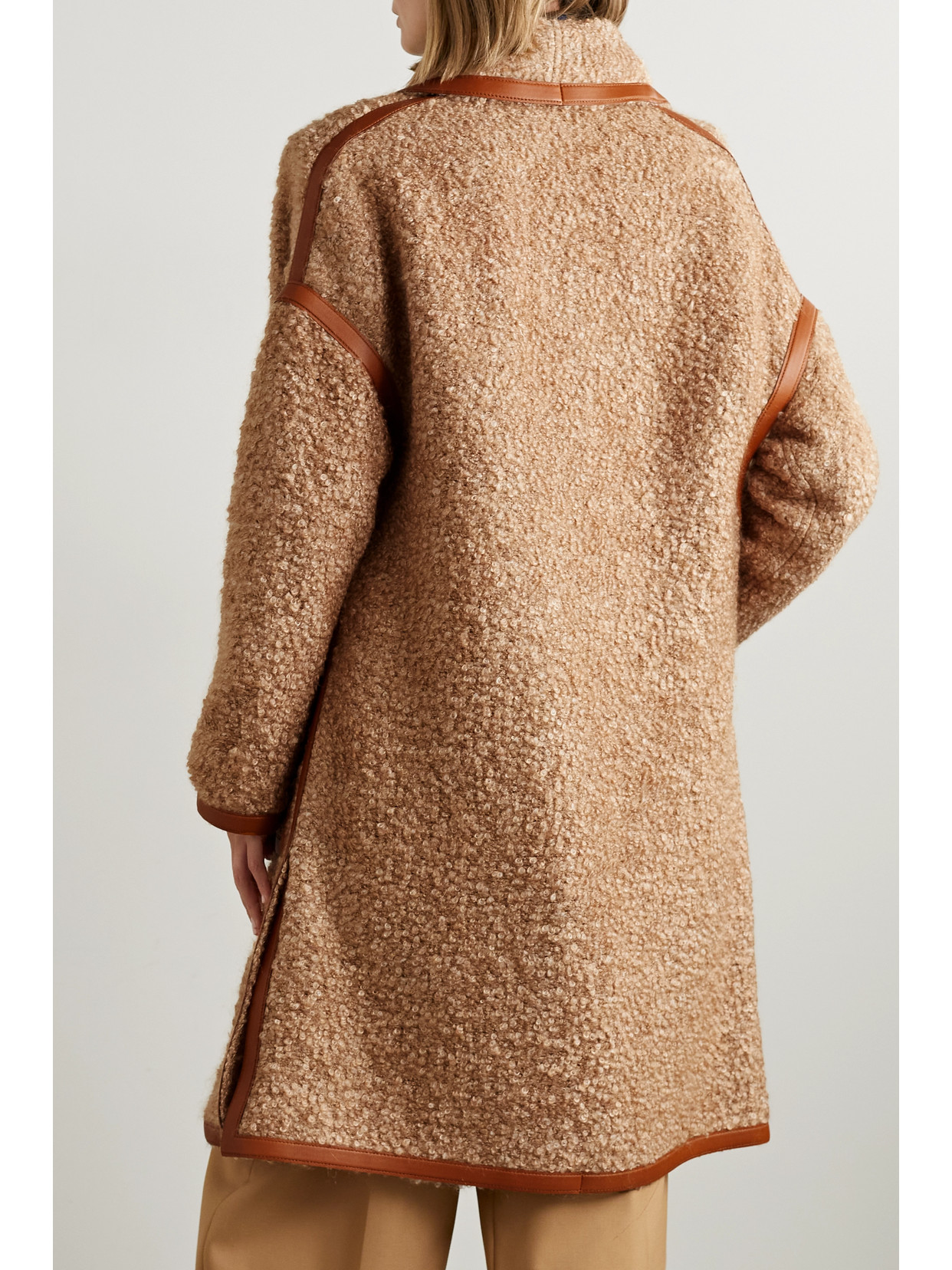 Loro Piana Reinhold Long Boucle Wool Coat With Leather Trimming In Brown