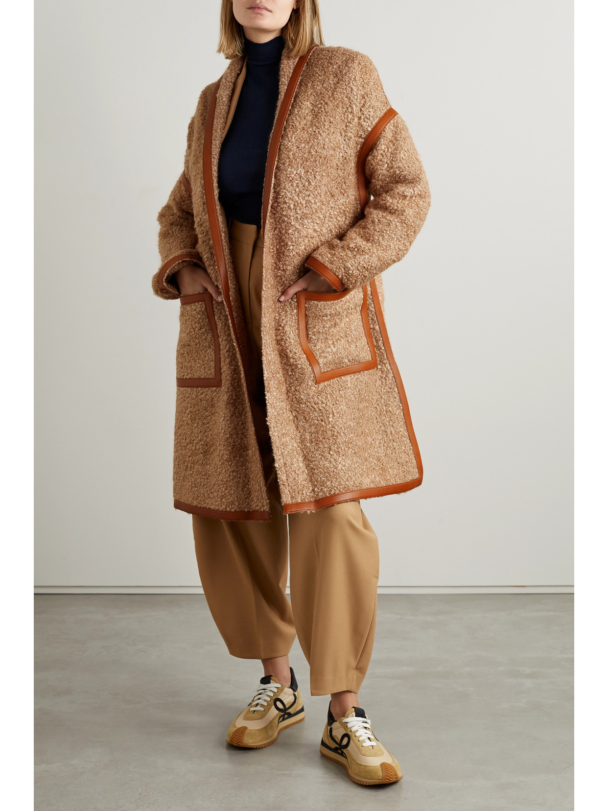 Loro Piana Reinhold Long Boucle Wool Coat With Leather Trimming In Brown