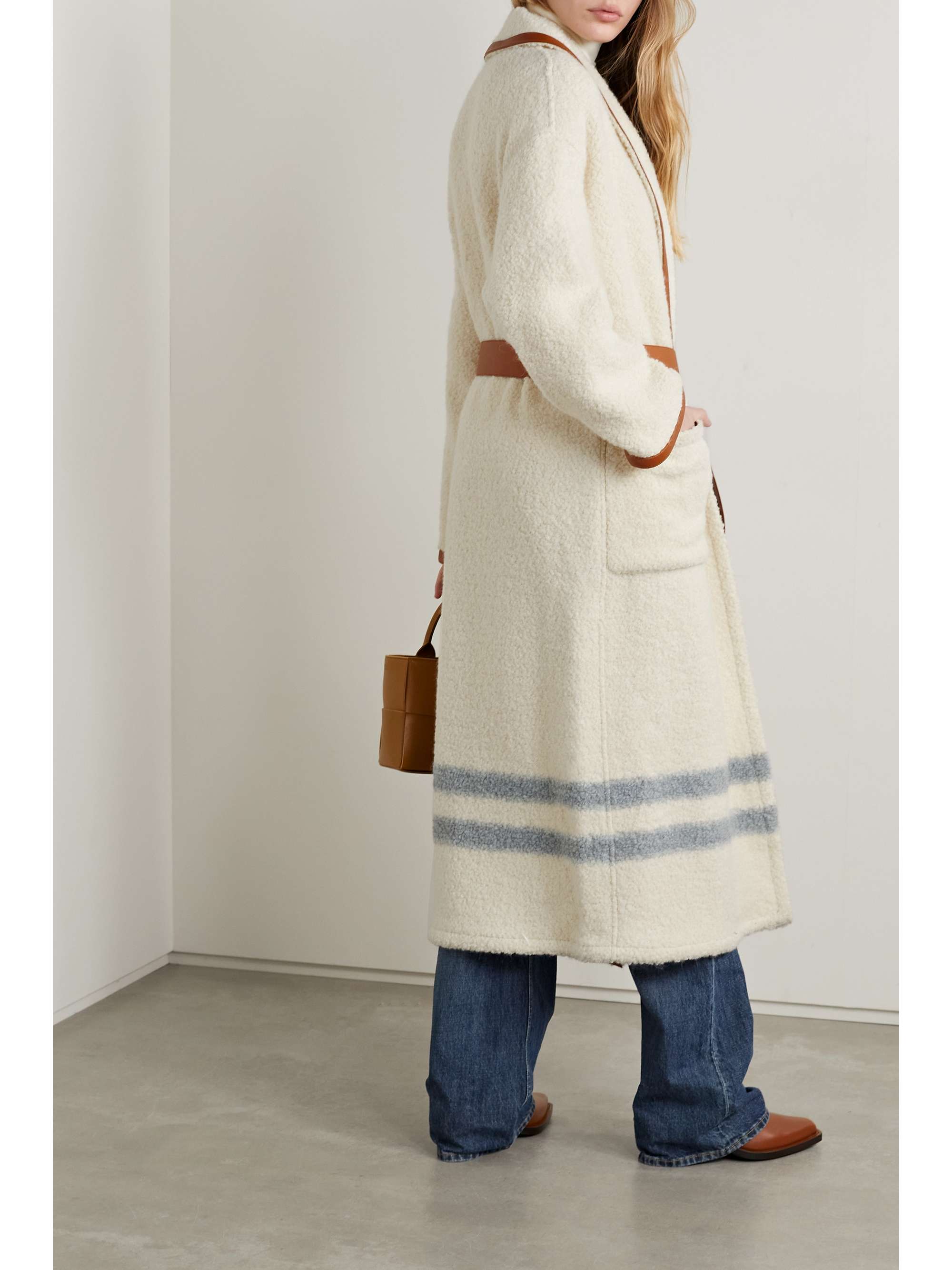 LORO PIANA Arbel belted leather-trimmed striped alpaca-blend bouclé coat