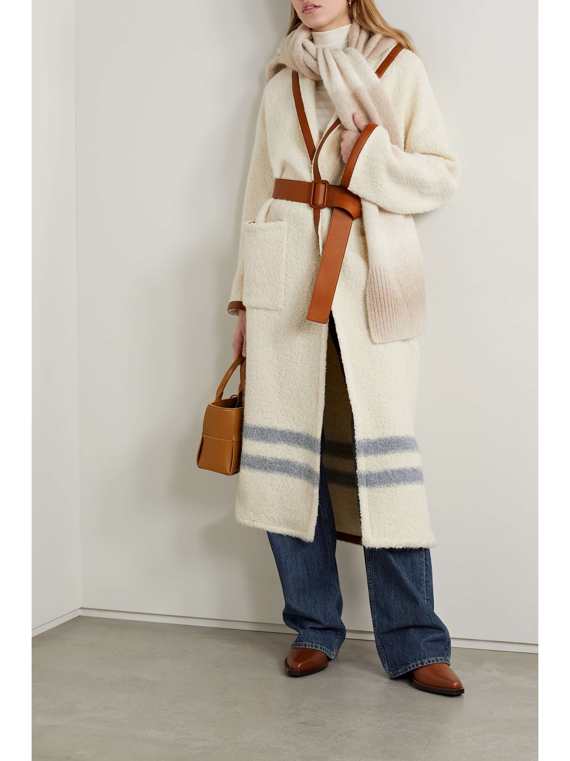 LORO PIANA Arbel belted leather-trimmed striped alpaca-blend bouclé coat