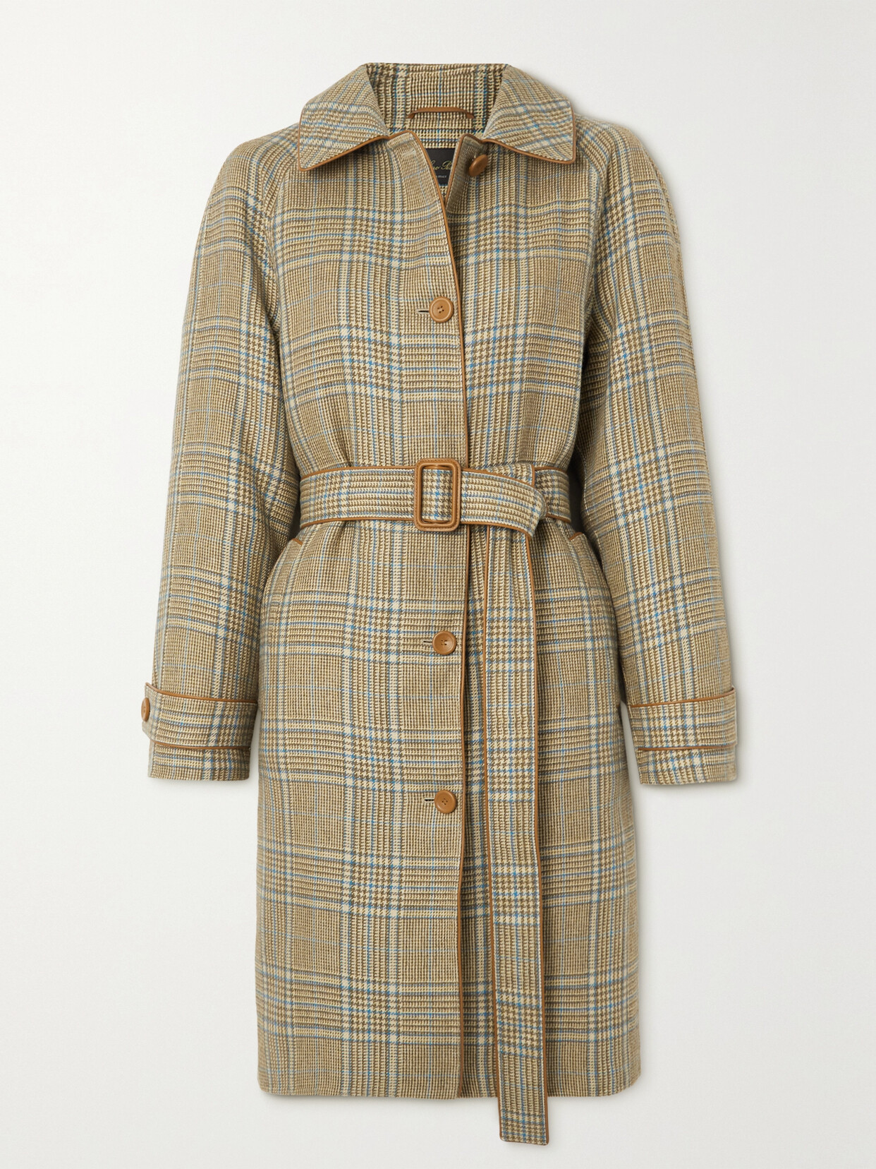 Loro Piana - Belted Leather-trimmed Checked Linen, Cashmere And Wool-blend Coat - Brown