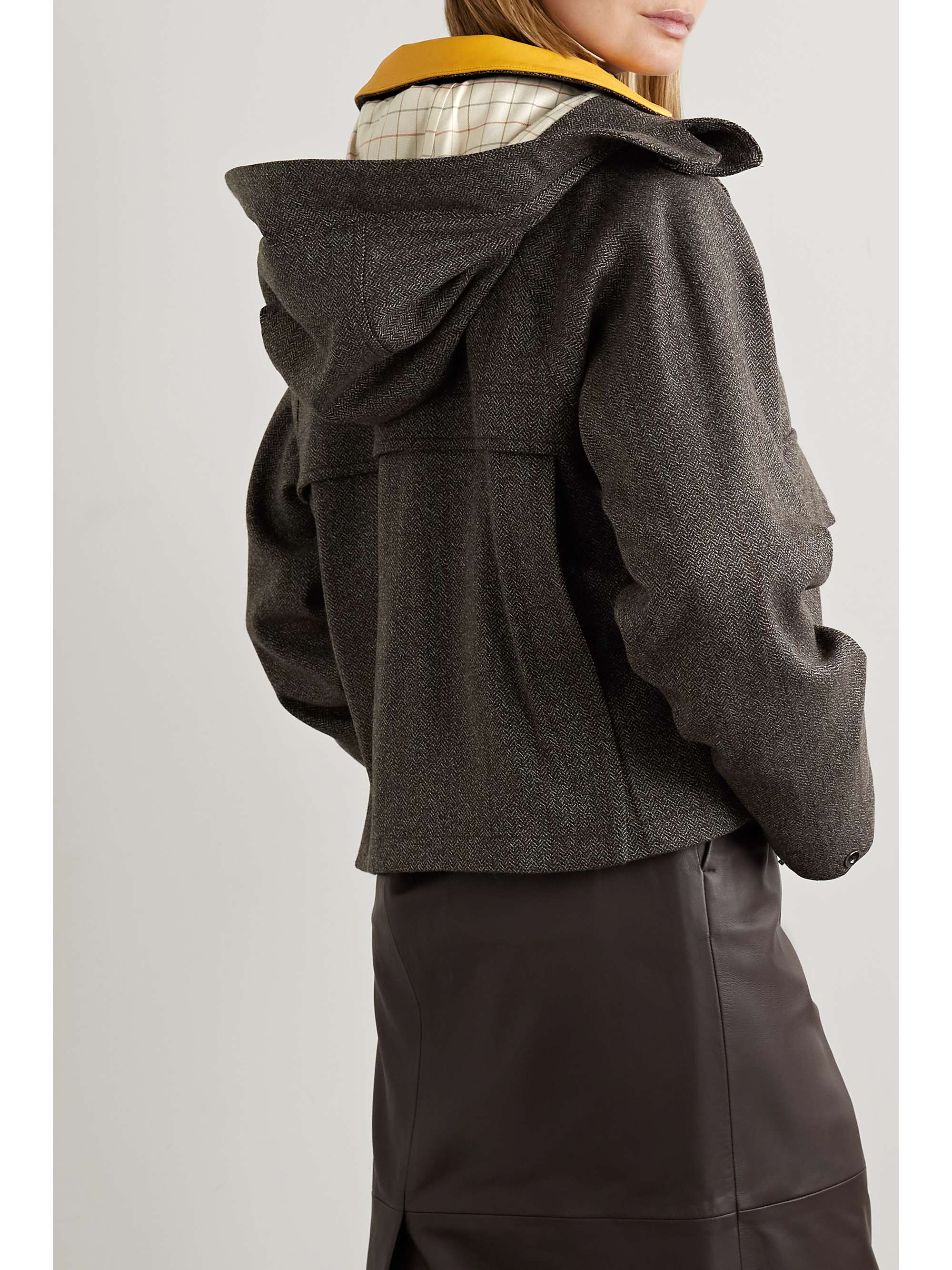 LORO PIANA Iconic Horsey leather-trimmed herringbone cashmere hooded jacket
