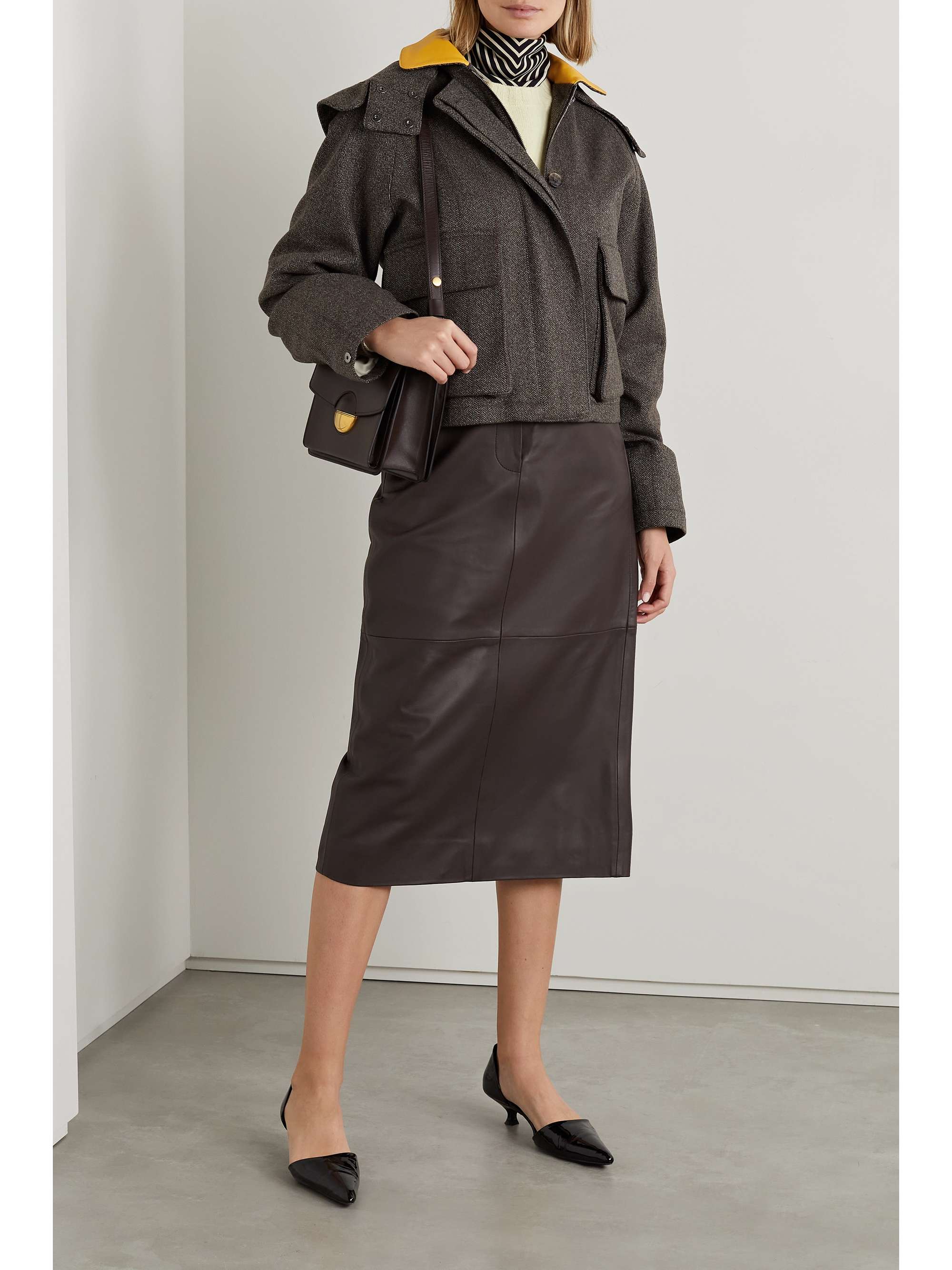 LORO PIANA Iconic Horsey leather-trimmed herringbone cashmere hooded jacket
