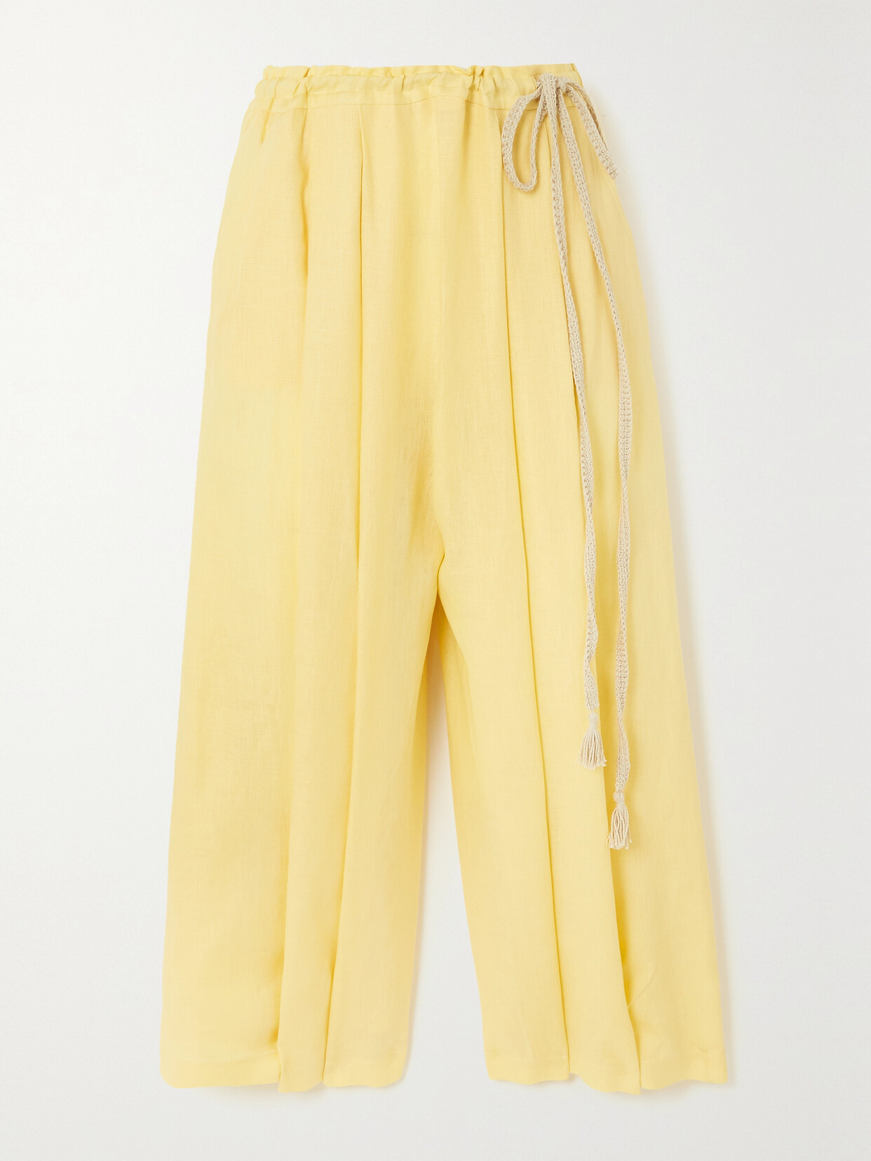 Loro Piana Belted Linen Wide-leg Pants In Yellow