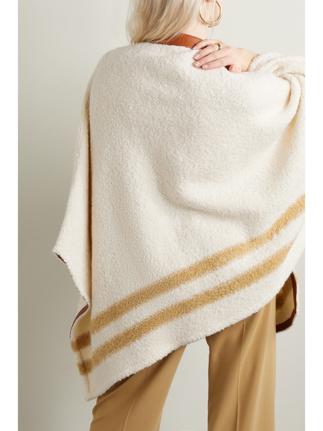 Leather-Trimmed Striped Alpaca-Blend Bouclé Poncho