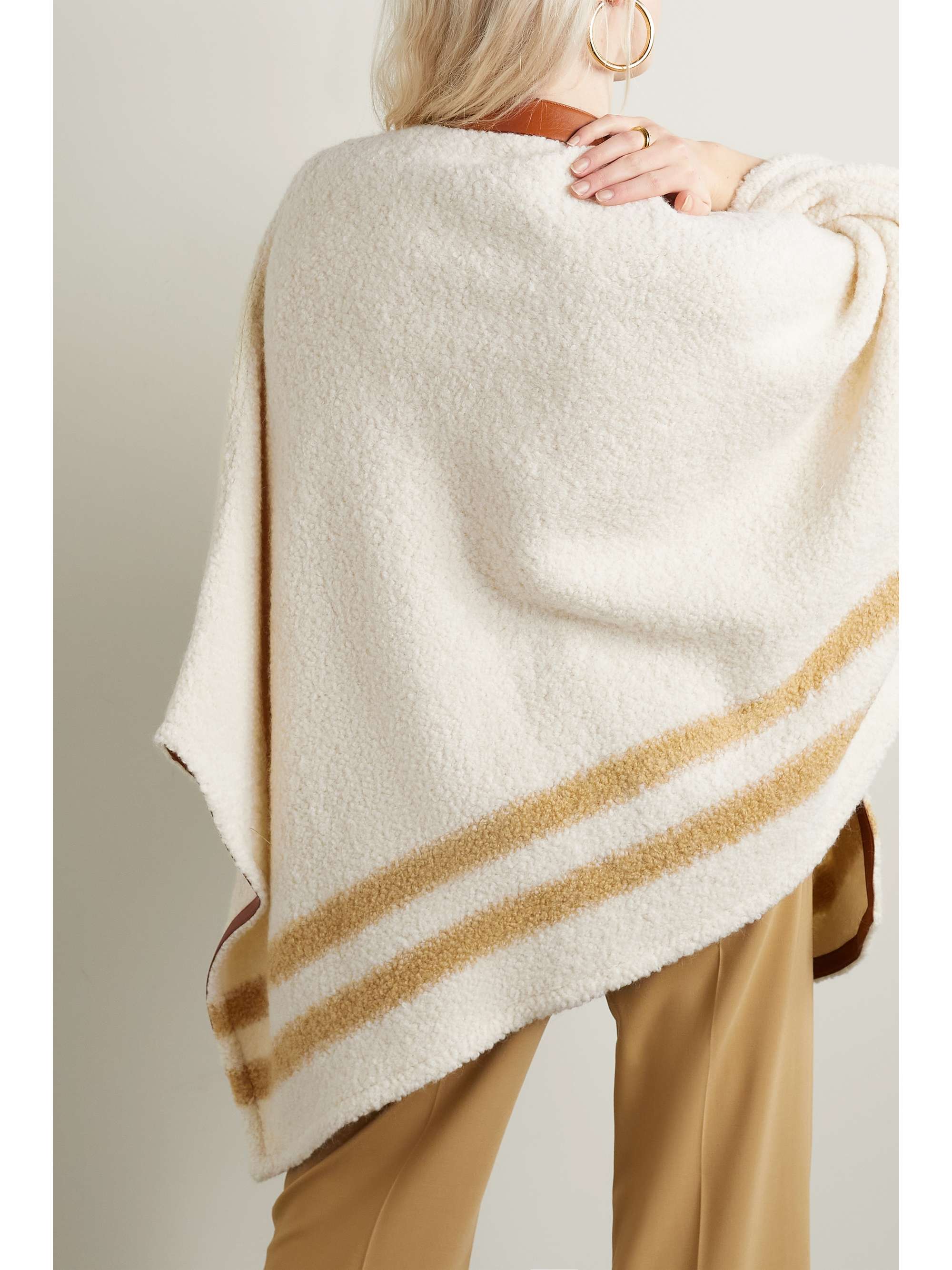 LORO PIANA Leather-trimmed striped alpaca-blend bouclé poncho