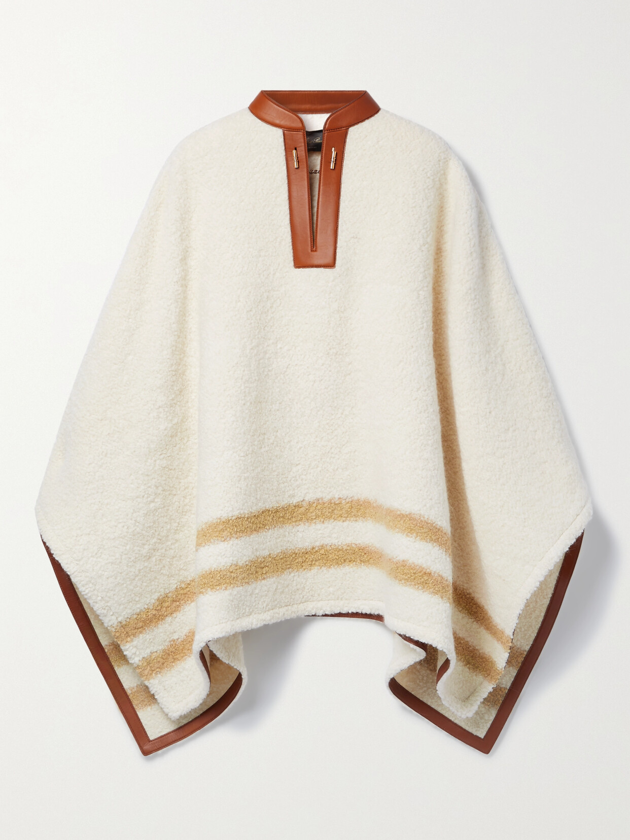 Loro Piana Leather-trimmed Striped Alpaca-blend Bouclé Poncho In White