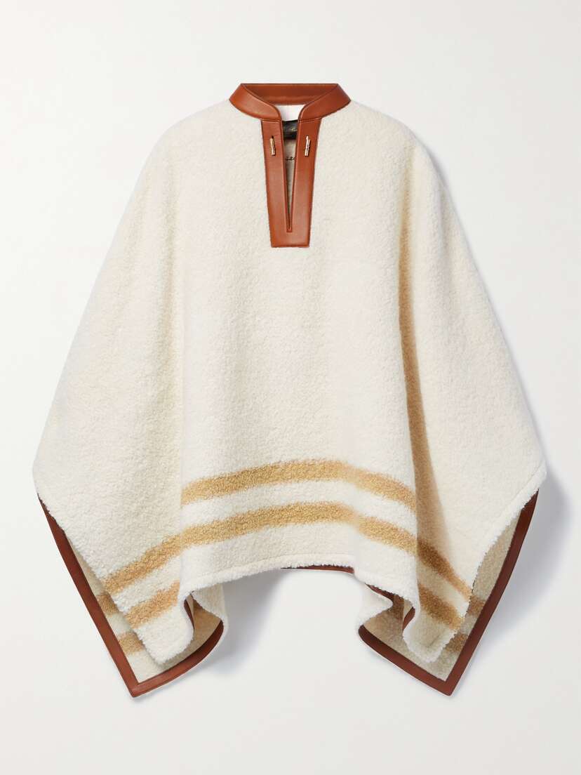 Loro Piana Leather-trimmed Striped Alpaca-blend Bouclé Poncho