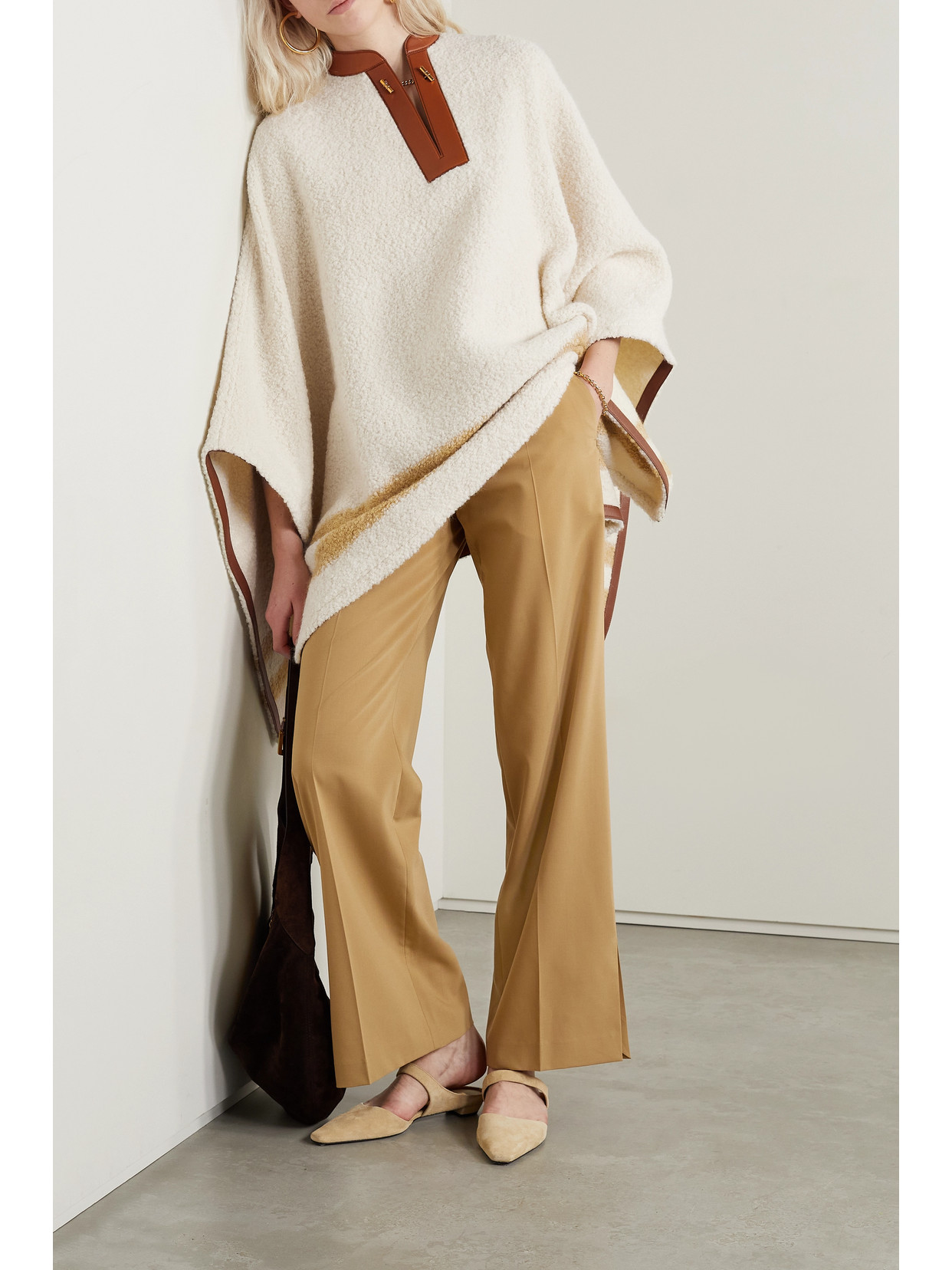Leather-Trimmed Striped Alpaca-Blend Bouclé Poncho
