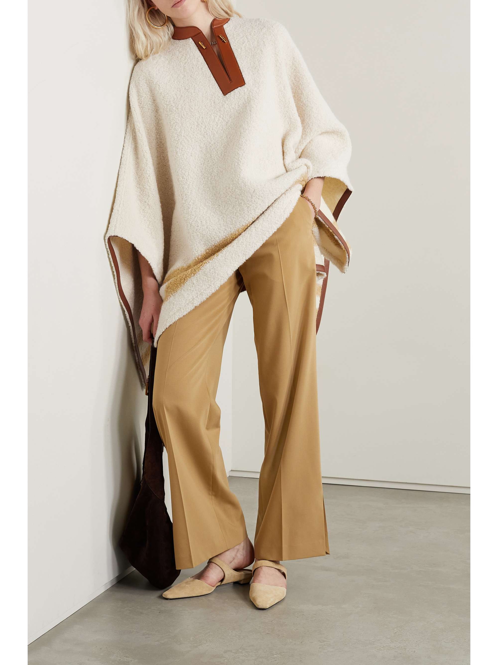 LORO PIANA Leather-trimmed striped alpaca-blend bouclé poncho