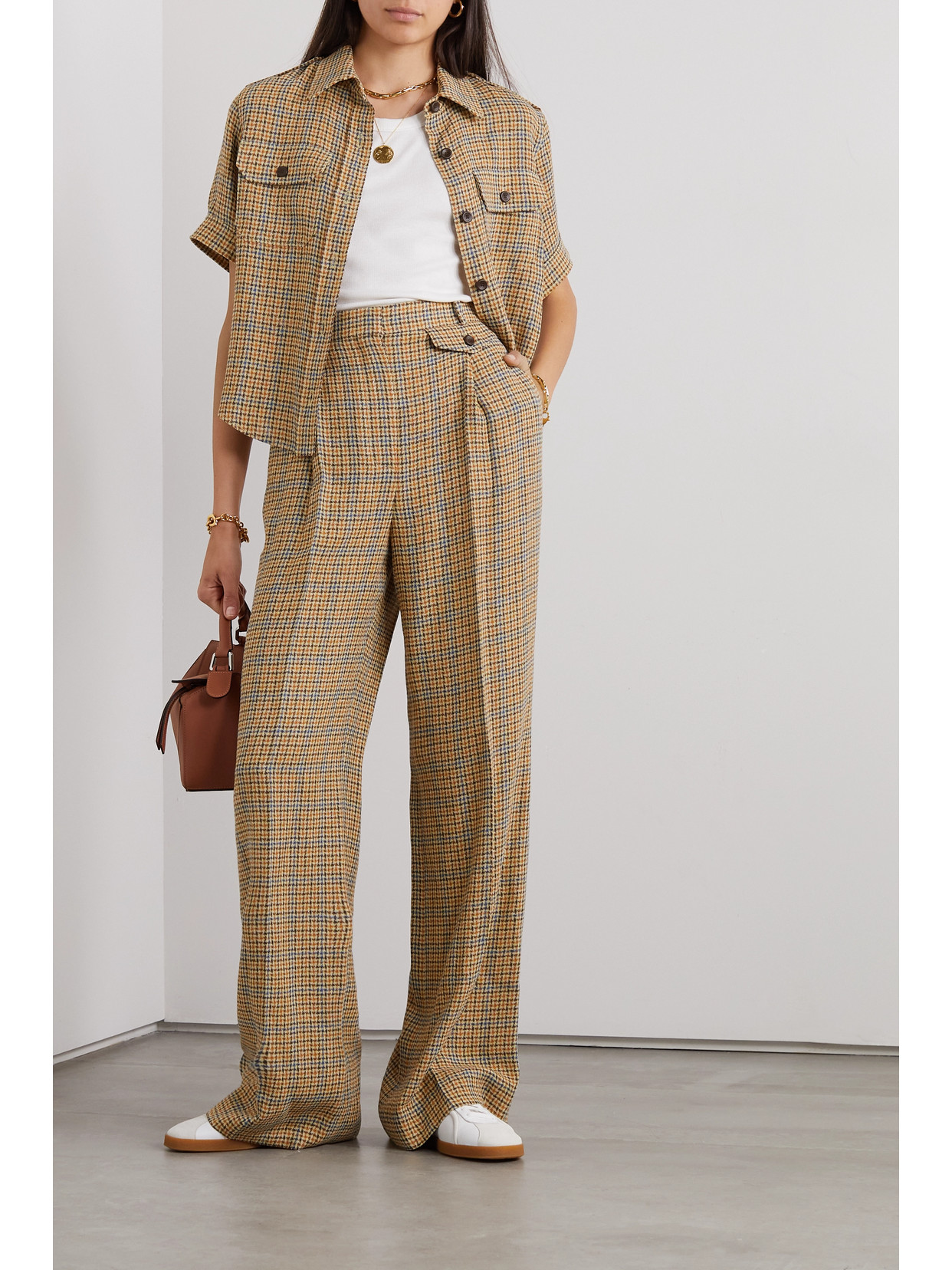 Shop Loro Piana Fabian Checked Linen Wide-leg Pants In Brown