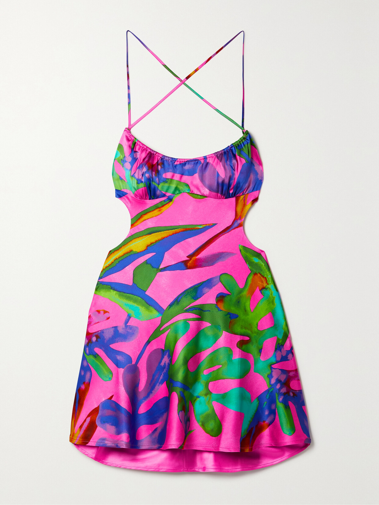 RETROFÉTE JOSEFINE CUTOUT PRINTED SILK-BLEND SATIN MINI DRESS