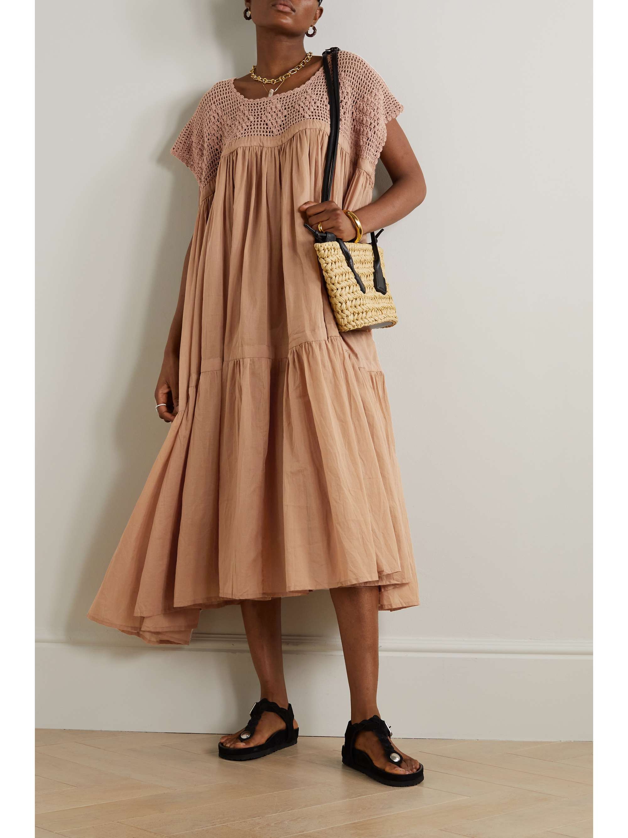 YVONNE S Wind tiered crochet-paneled cotton-voile midi dress