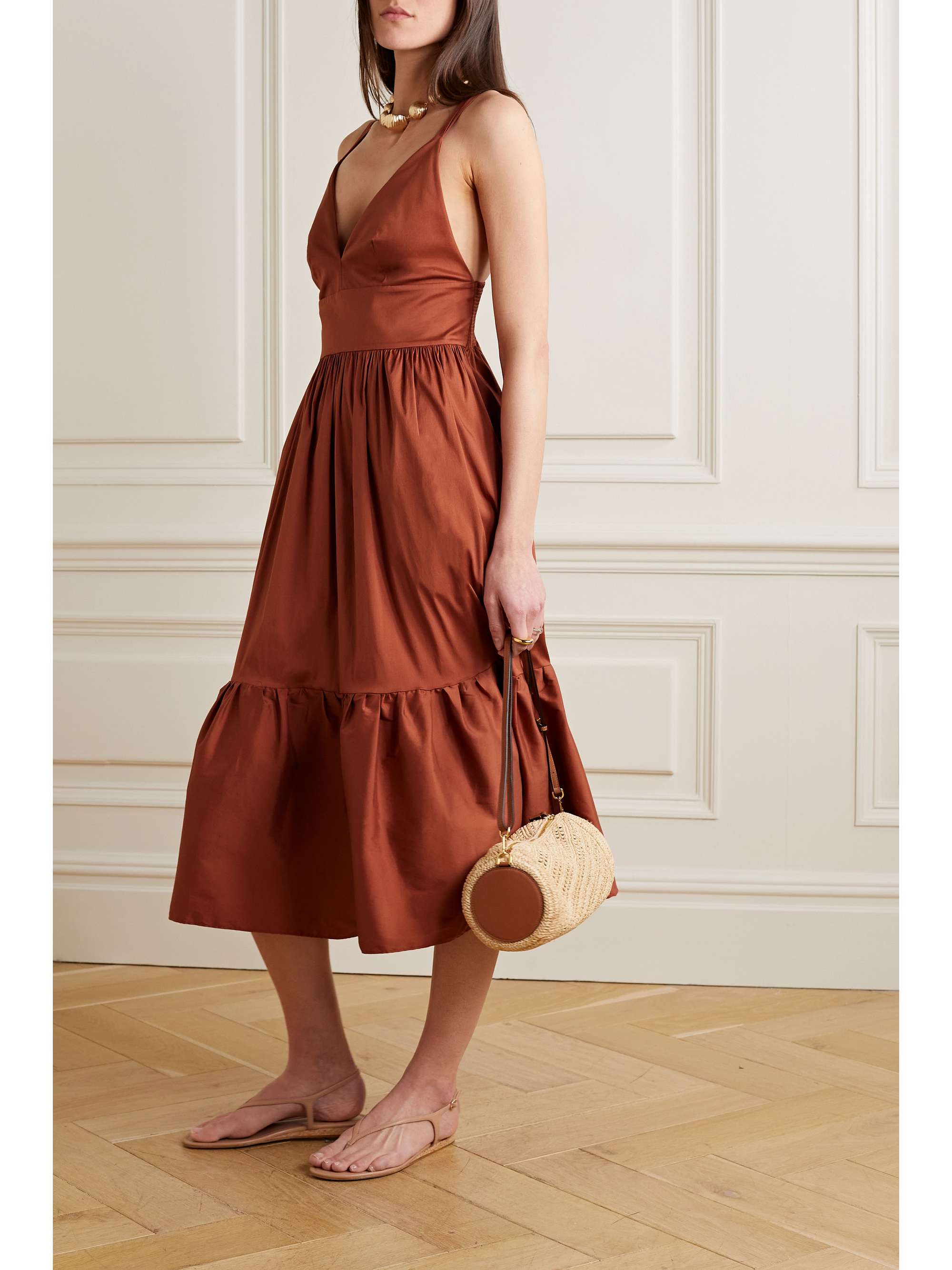 MAX MARA コットン混ポプリン ティアード ミディ丈ワンピース