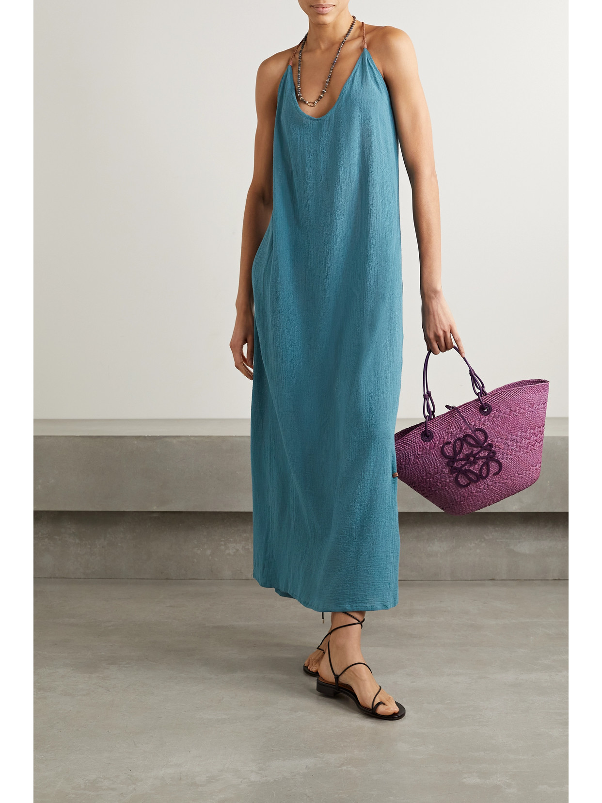 Shop Caravana + Net Sustain Edahi Leather-trimmed Cotton-gauze Maxi Dress In Blue