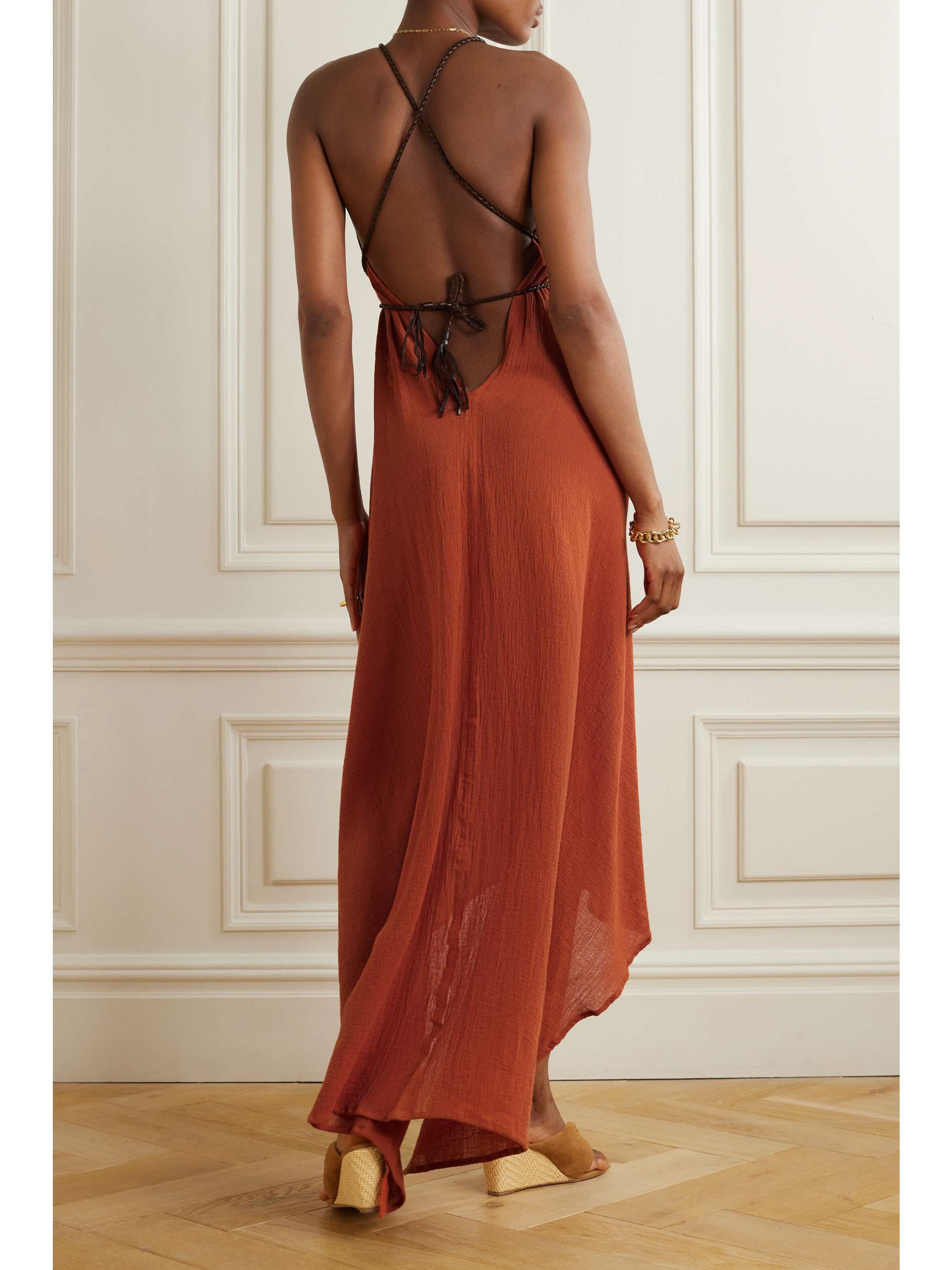 CARAVANA Ayikal leather-trimmed cotton-gauze midi dress